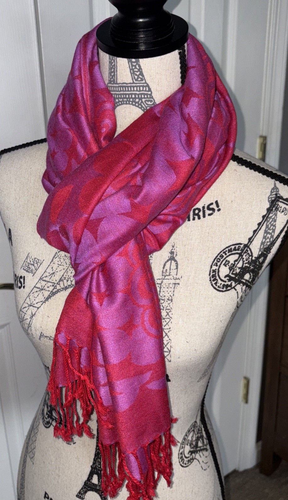 Cashmere Pashmina Shawl Fuchsia & Purple Floral with Fringe 68in x 27.5in