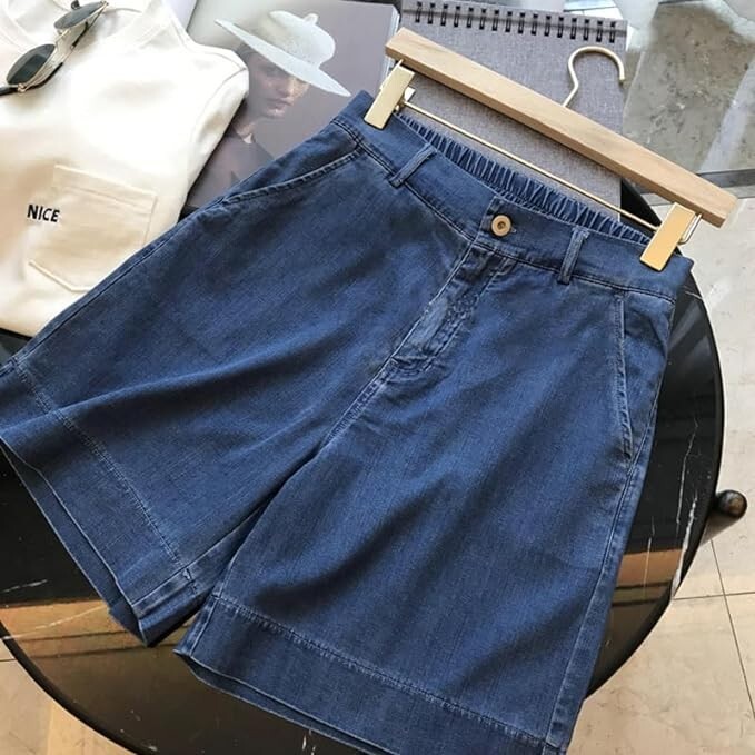 Women Summer Denim Shorts Lightweight Back-Elastic Waist Wide Leg Bermuda Shorts