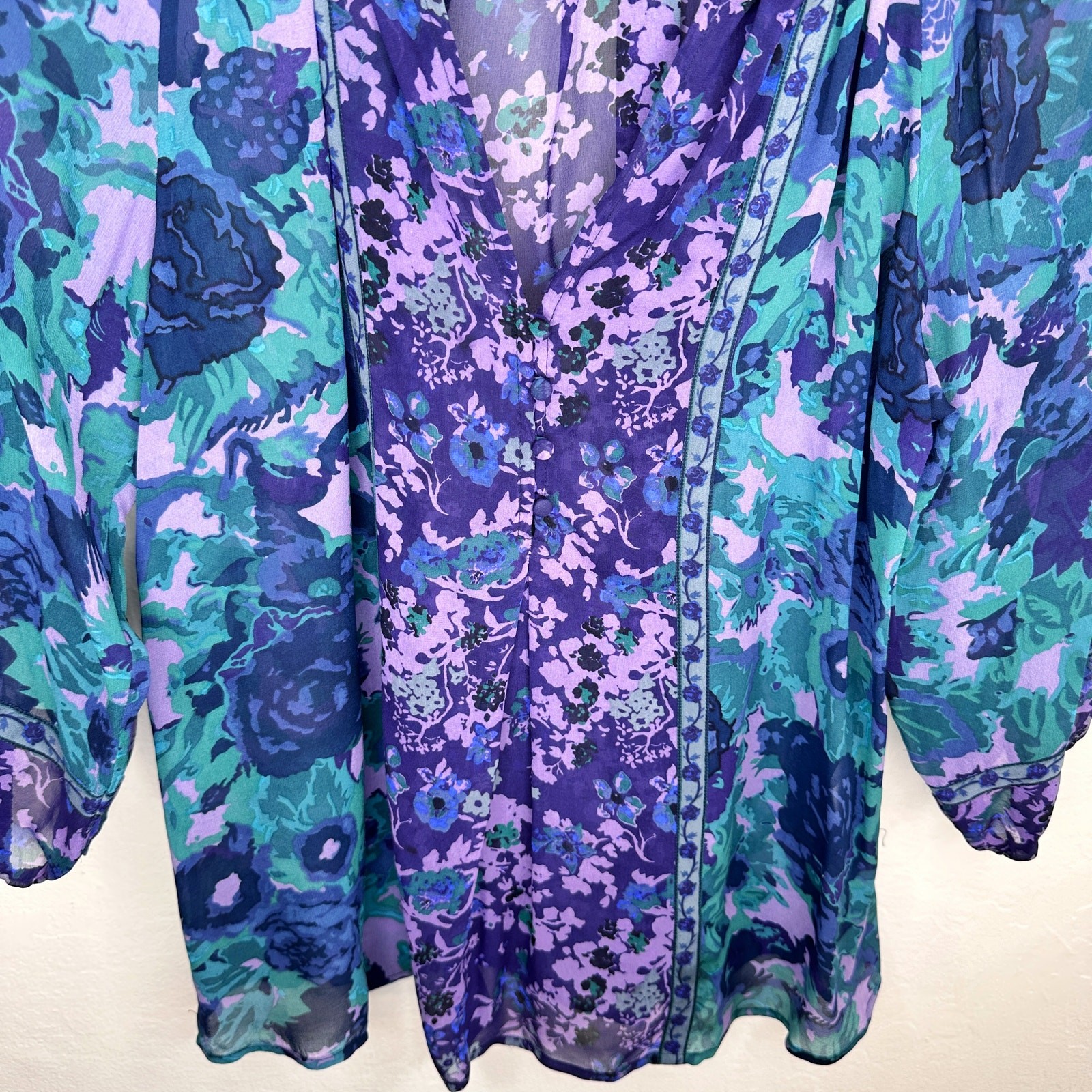 NWOT Joie Gloria Silk Sheer Blue Green Purple Floral Puff Sleeve Blouse Top XS