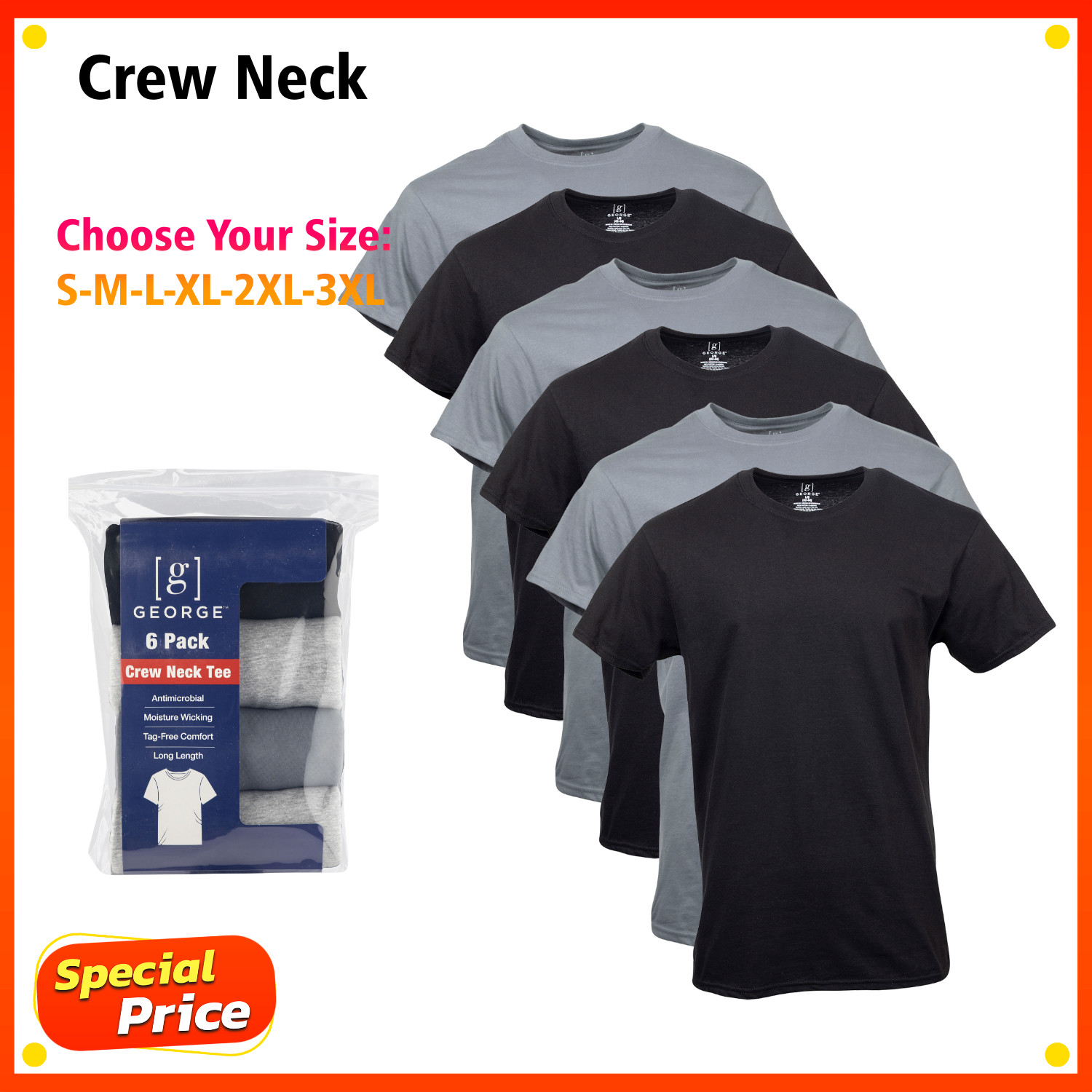 George Men’s Assorted Crew T-Shirts, 6-Pack