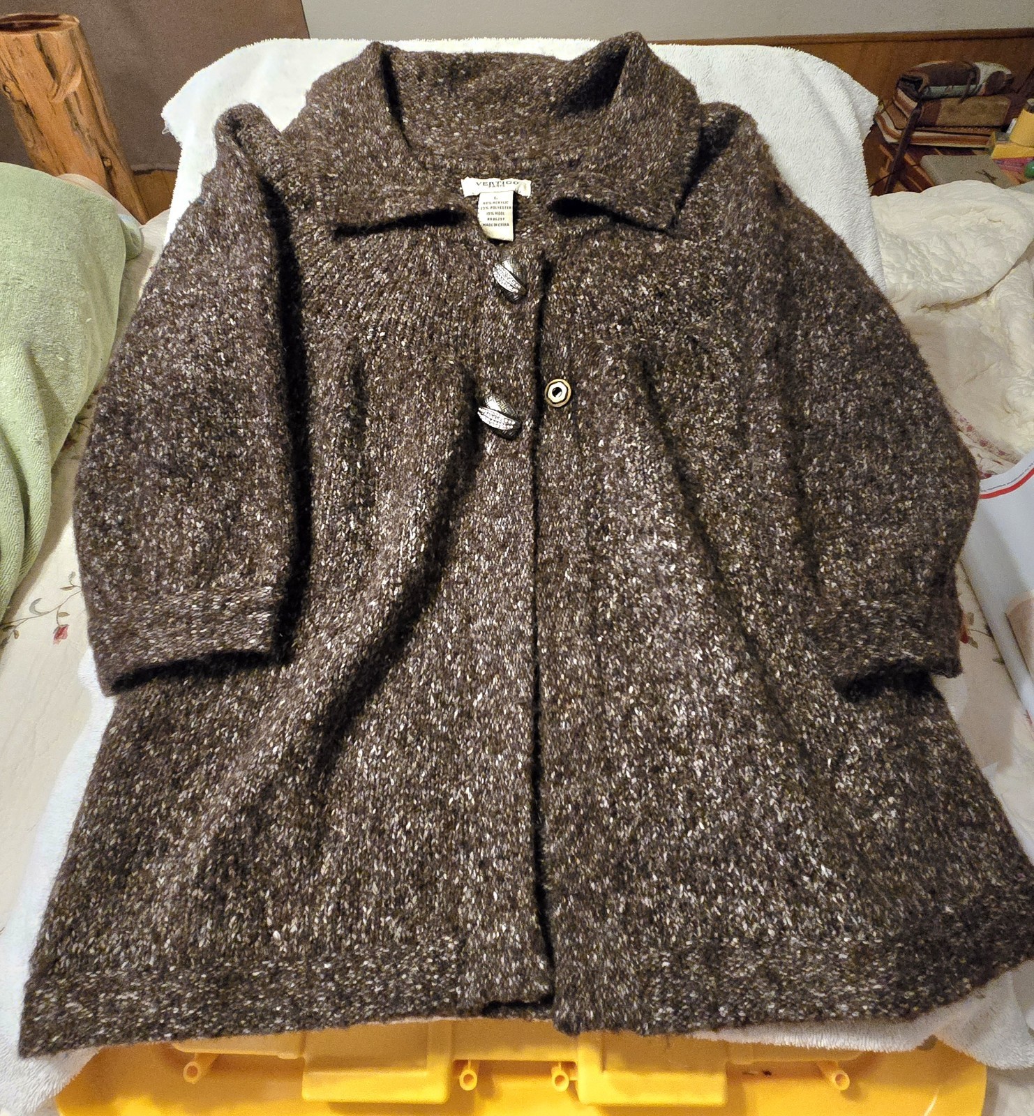 Vertigo Paris Sweater Coat Cardigan Womens L Brown Marled Wool Blend Chunky Knit