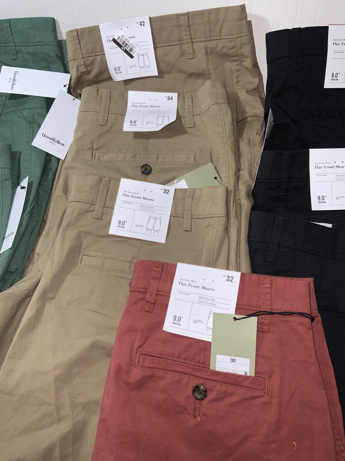 Men’s 9″ Flat Front Short Black Green Red Khaki 28 30 32 34 36 40 42 Goodfellow