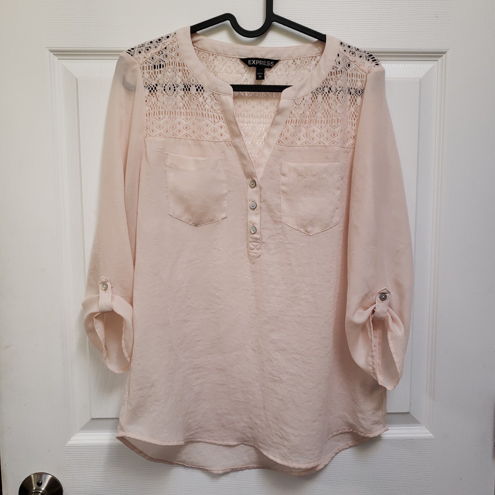 Express Pale Peach Lace Semi Sheer Roll Tab Pop Over Blouse Womens XS