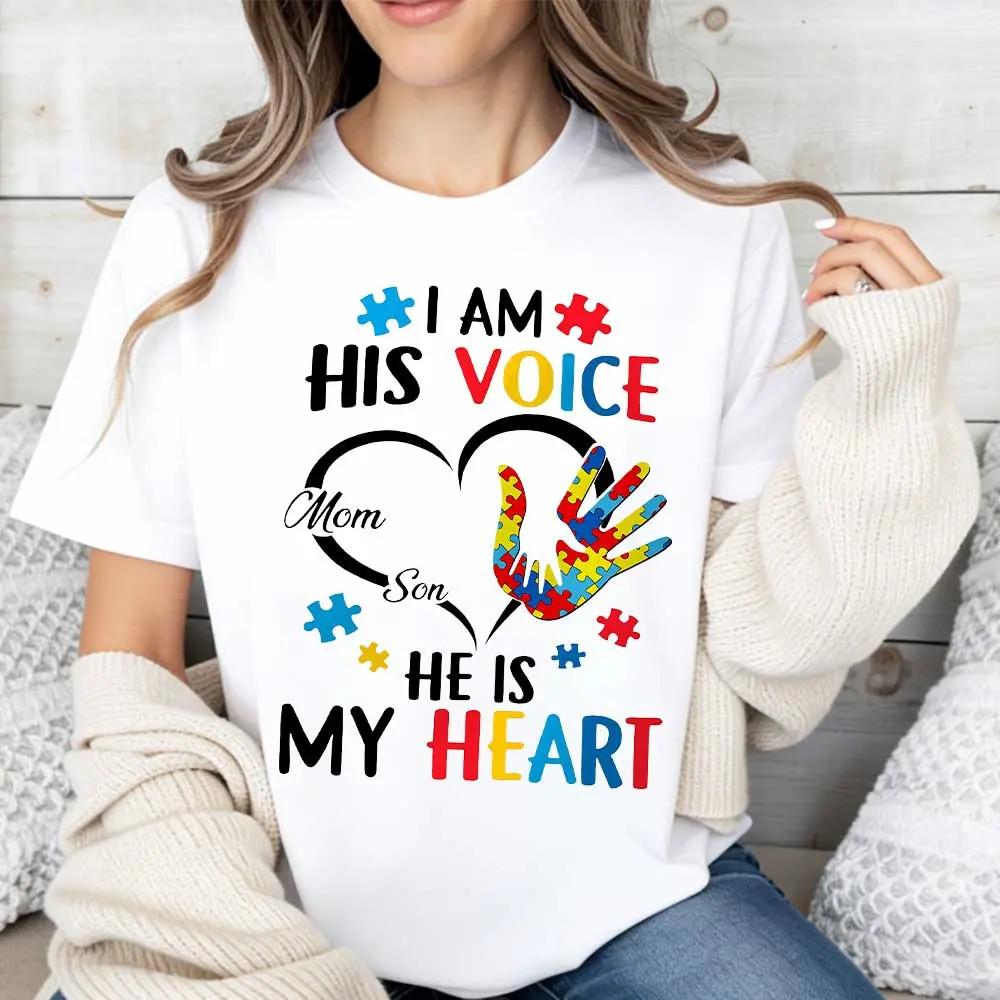 Autism Puzzle Handprint I Am His Voice He Is My Heart Mom Son T-Shirt