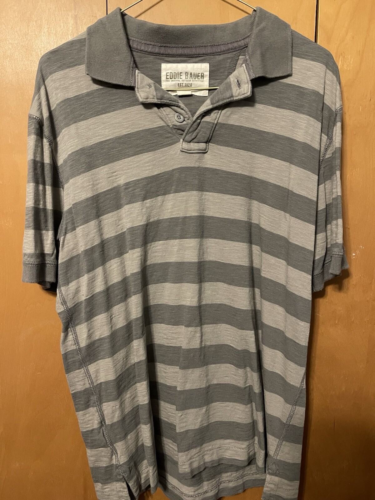 EDDIE BAUER CLASSIC COTTON SLUB FADED TAUPE BROWN BLOCK STRIPED POLO MEN SMALL