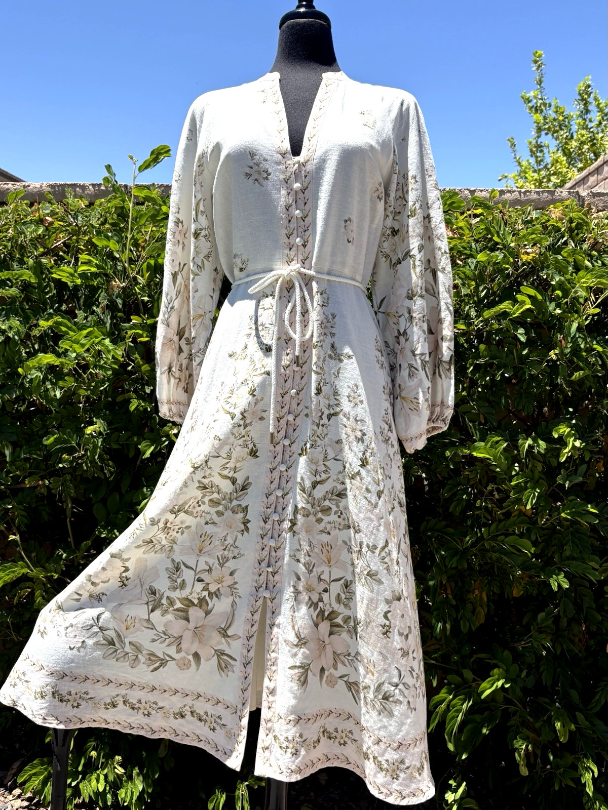Calypso St. Barth Sz L Ivory/Magnolia Floral Linen blend V neck Maxi Dress-NWT