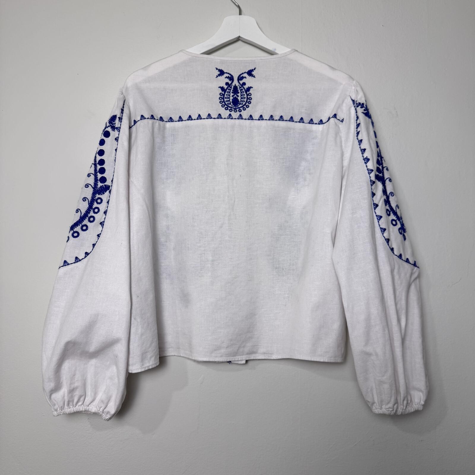 Boho Zara embroidered linen blouse balloon sleeve Mediterranean inspired size XL