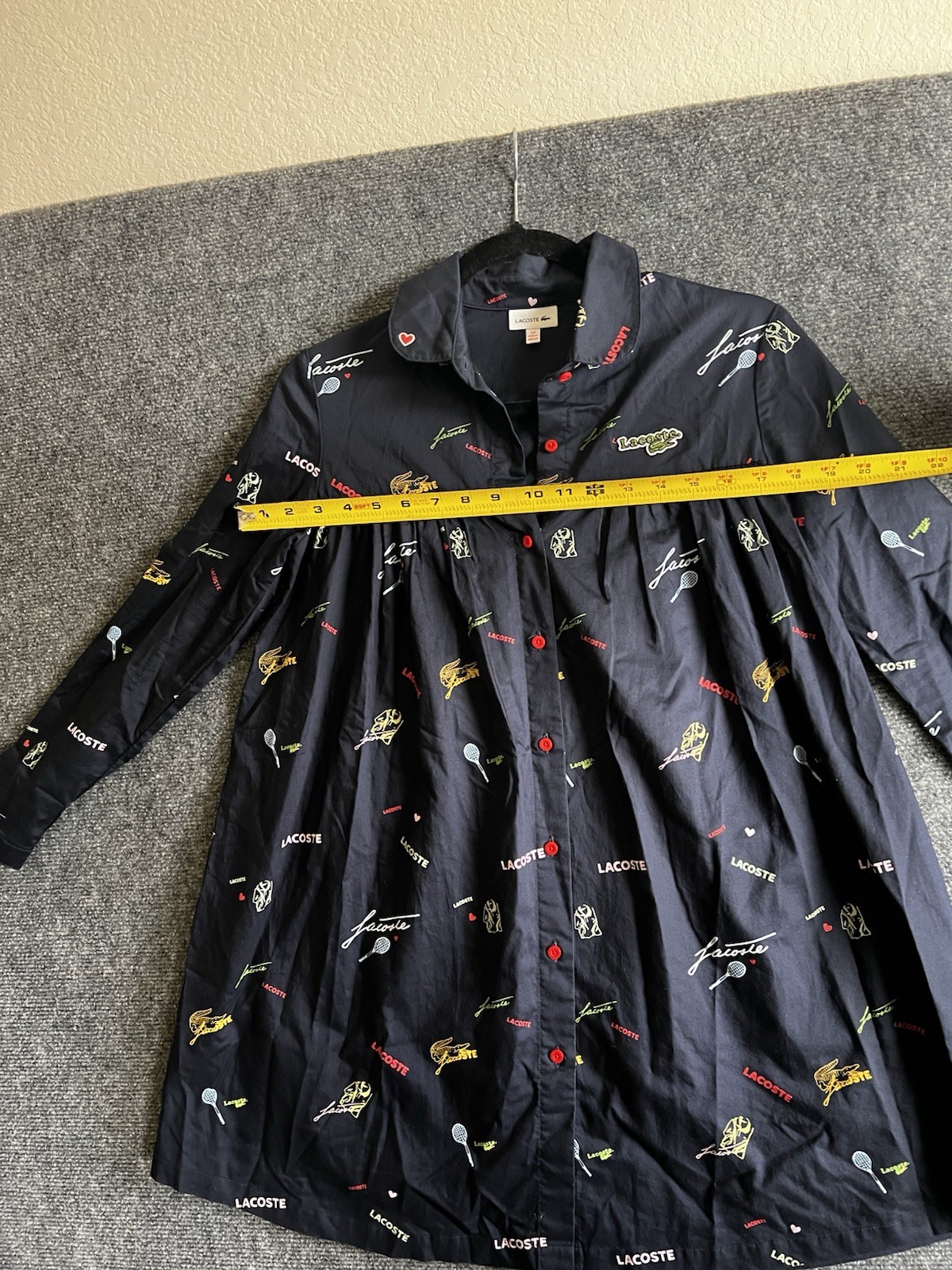 Lacoste Navy Graphic Logo Print Collared Button Front Tunic Blouse Girls 12