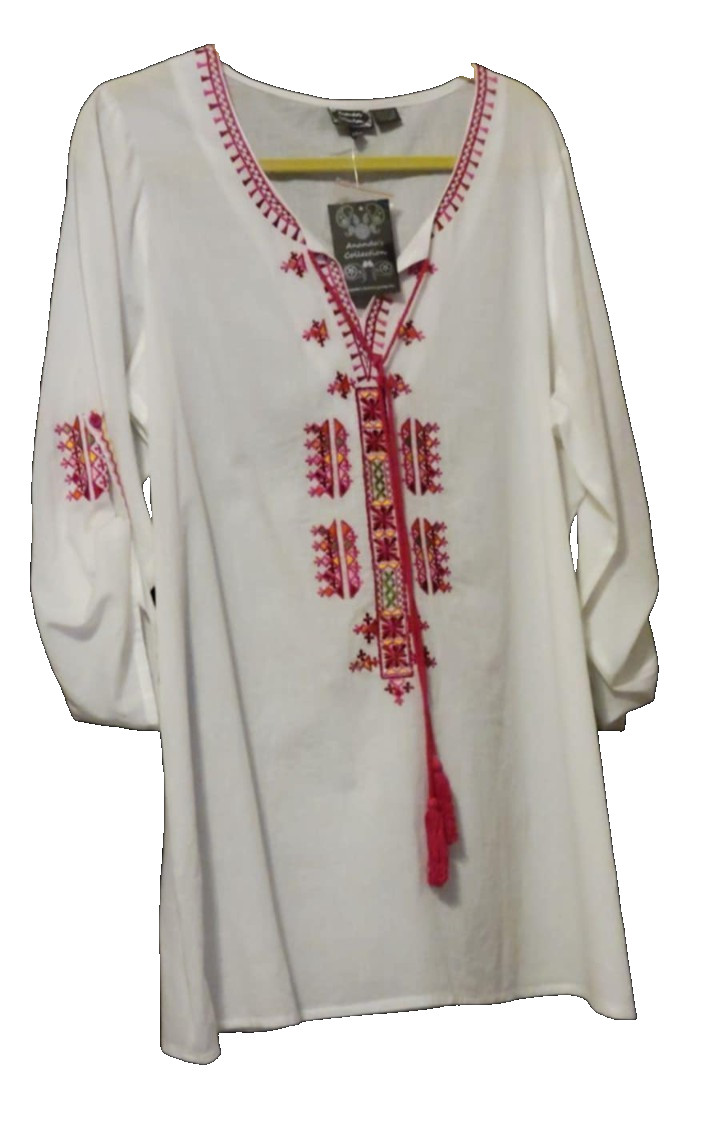 Ladies Ananda’s Collection Tunic, Size XL, White & Fushia, Cotton, India, NWT