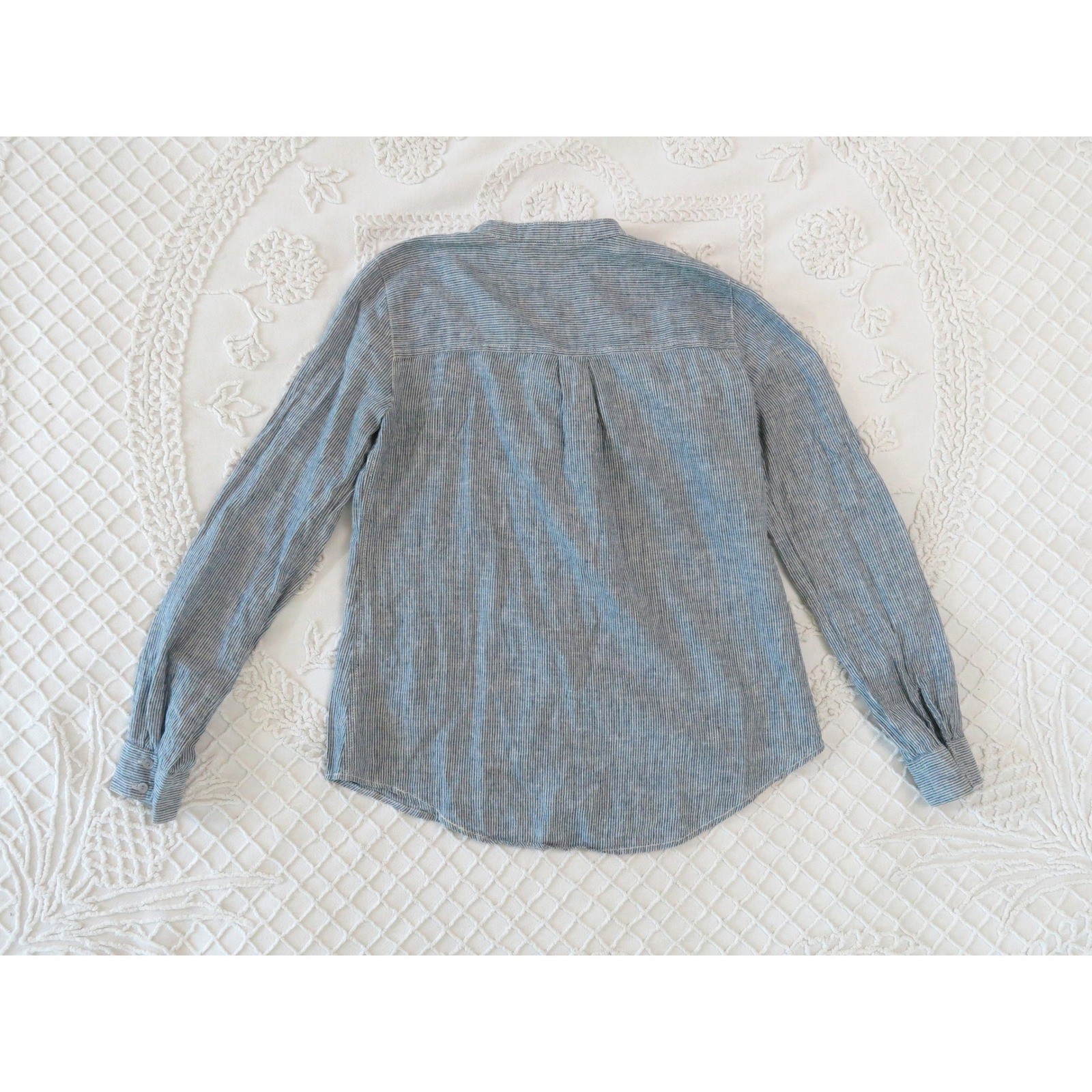 Eileen Fisher Hemp Organic Cotton Striped Mandarin Collar Blouse Blue XXS