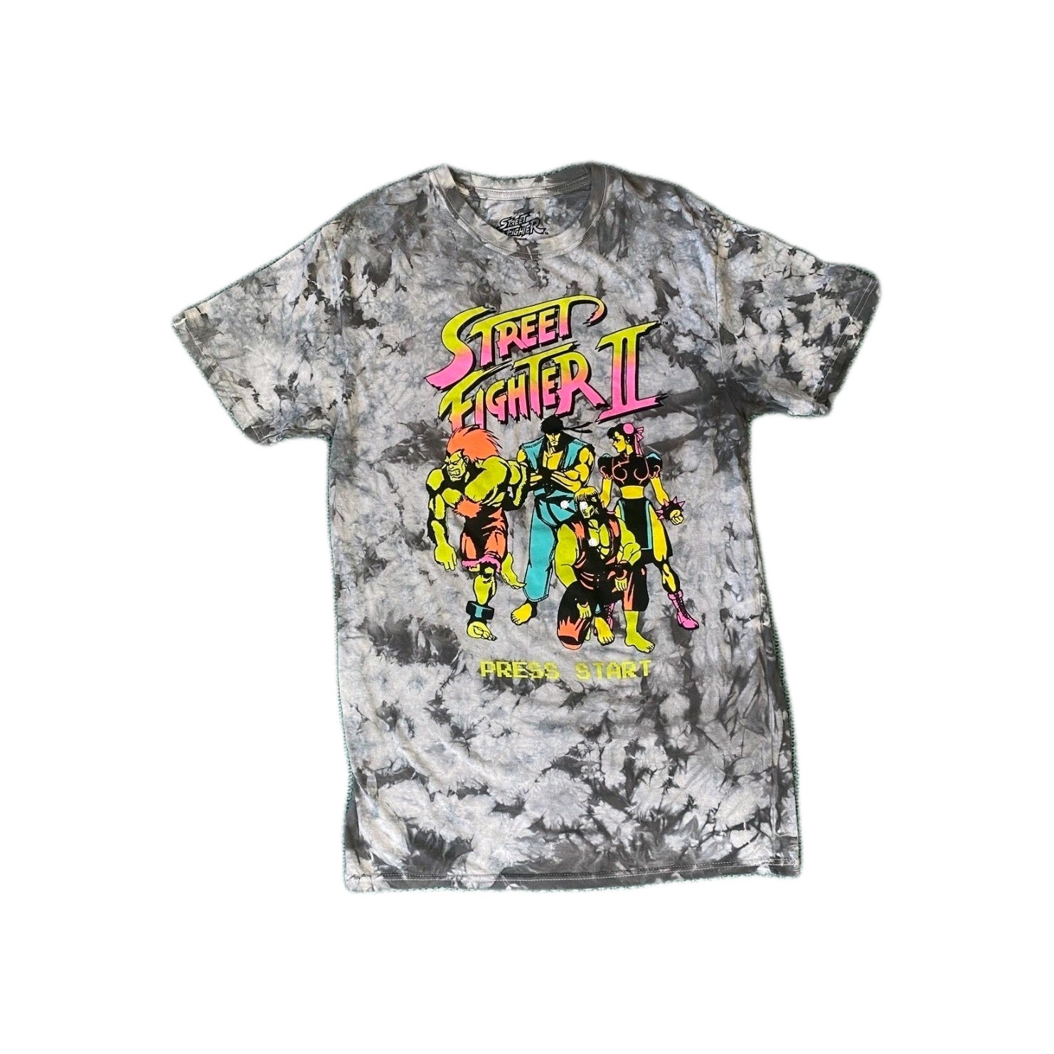 RARE CAPCOM Street Fighter II Press Start 8-Bit Neon Tie-Dye Tee – Size M
