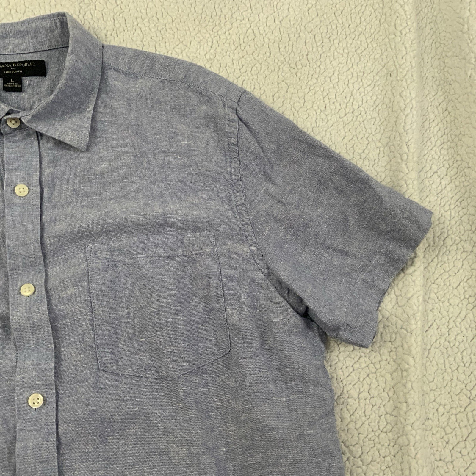 Banana Republic Men L Slim Fit Linen Blend Short Sleeve Button Front Shirt Blue