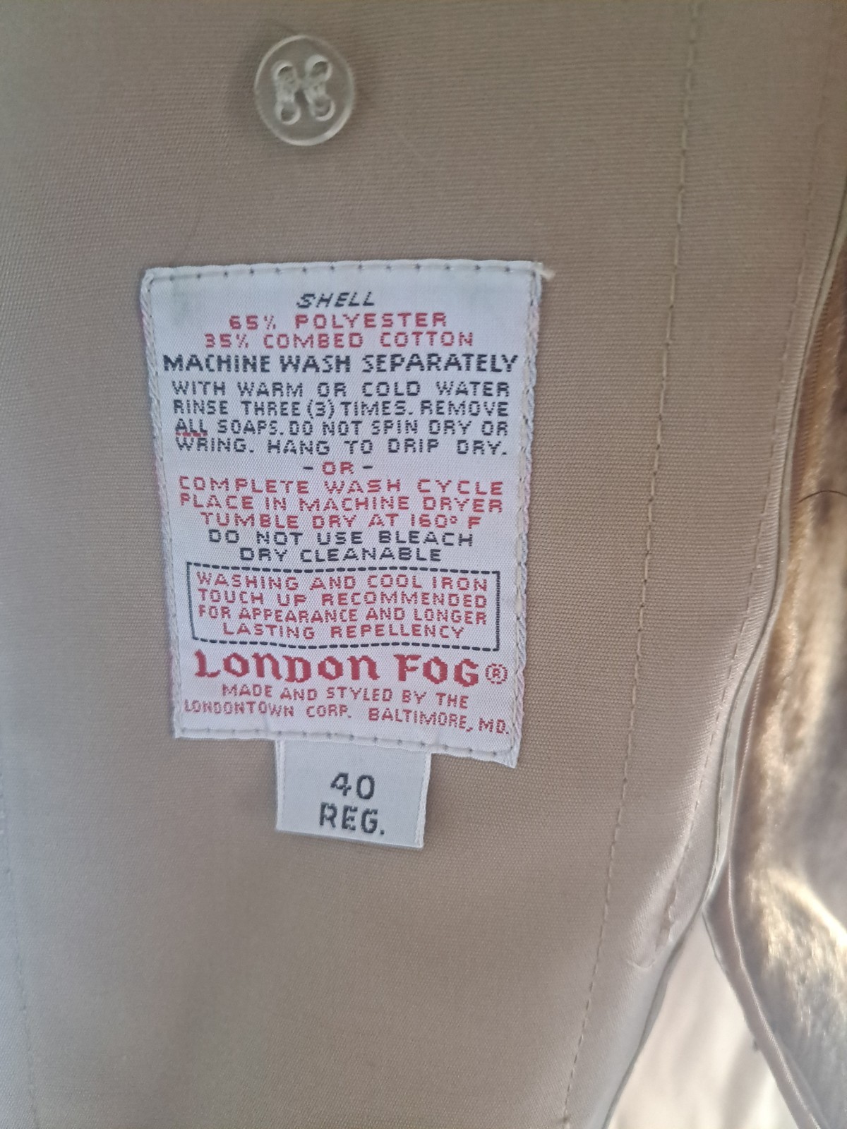 Vintage London Fog Maincoats 40R Trench Coat Beige Removable Liner Waterproof
