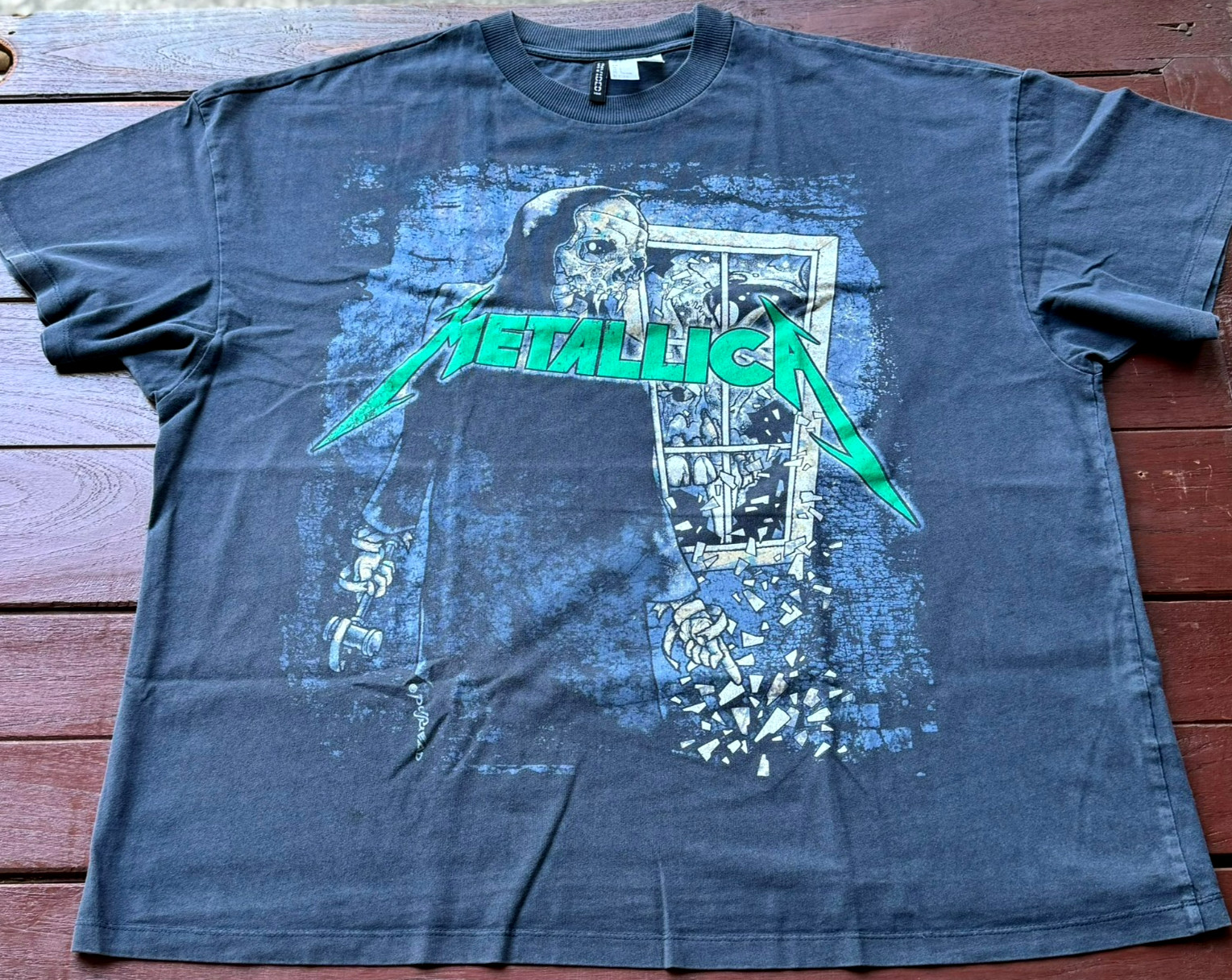 Metallica Damaged Justice T-Shirt Mens L Boxy Oversized 26″ Faded Black Grunge