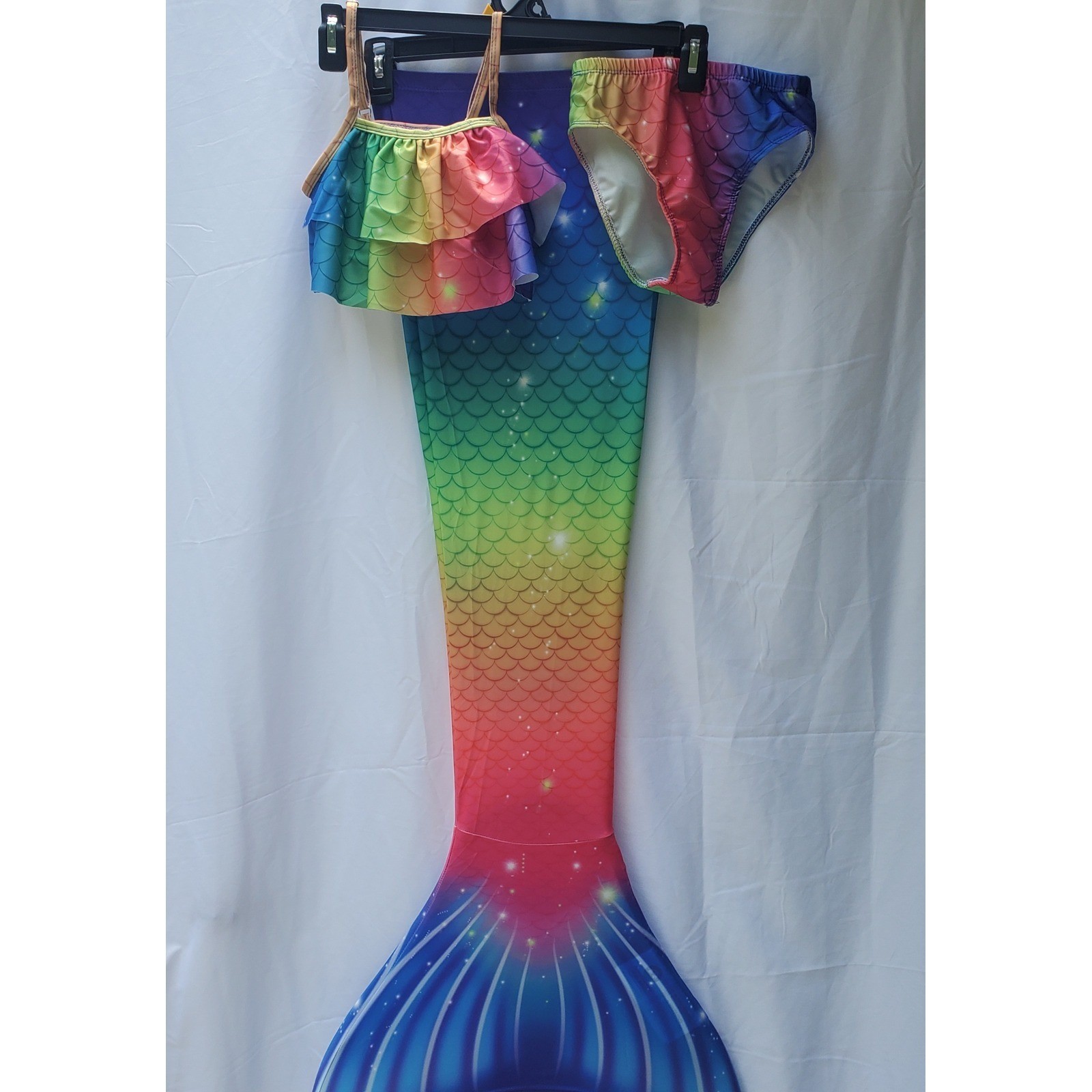 FOLOEO MERMAID Kids Rainbow Scale 3 Piece Swimsuit Set with Tail Size 130 NWT