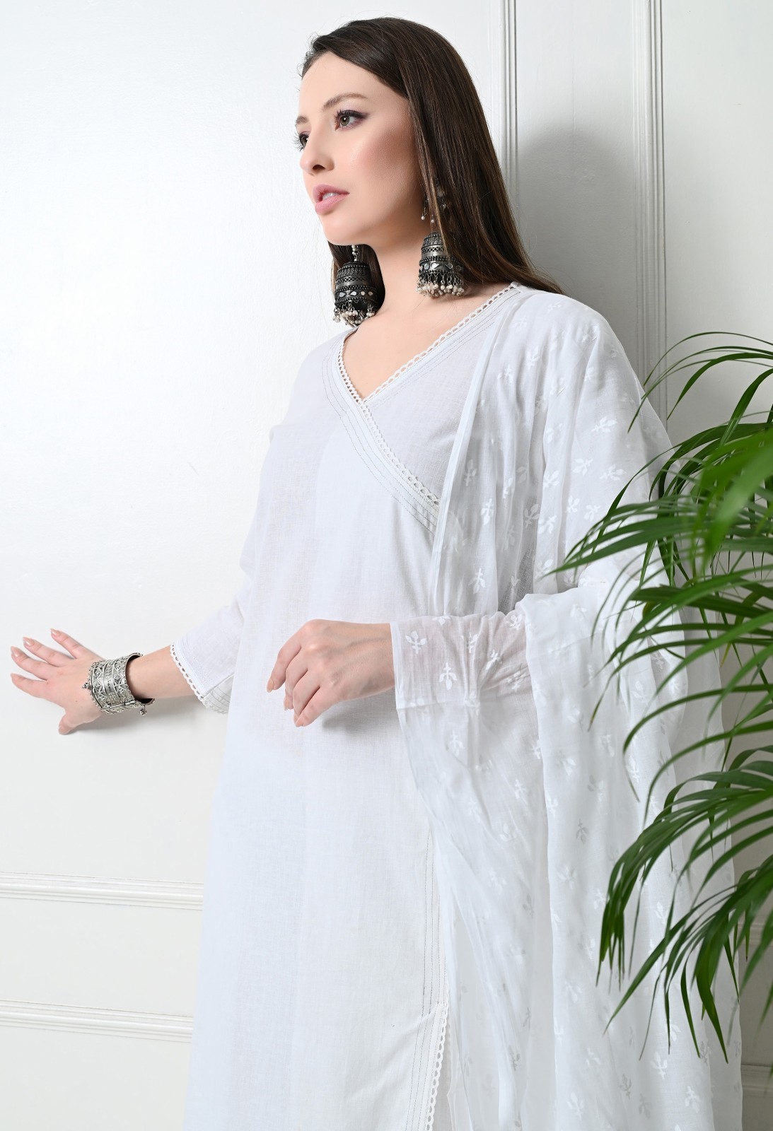 White Cotton Kurta Set with Dupatta for Women, Straight Fit Tunic & Pants, Light