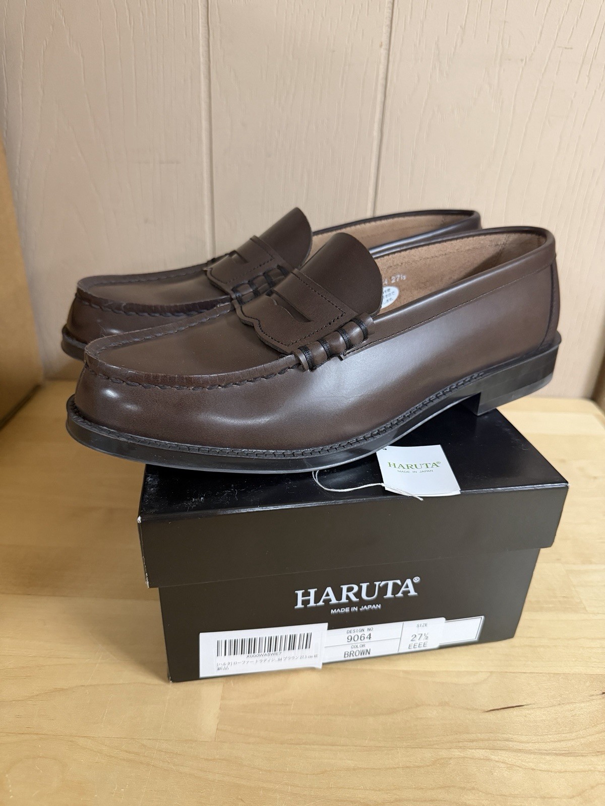 HARUTA 9064 Penny Loafers Brown Leather Made in Japan Size 27.5 EEEE