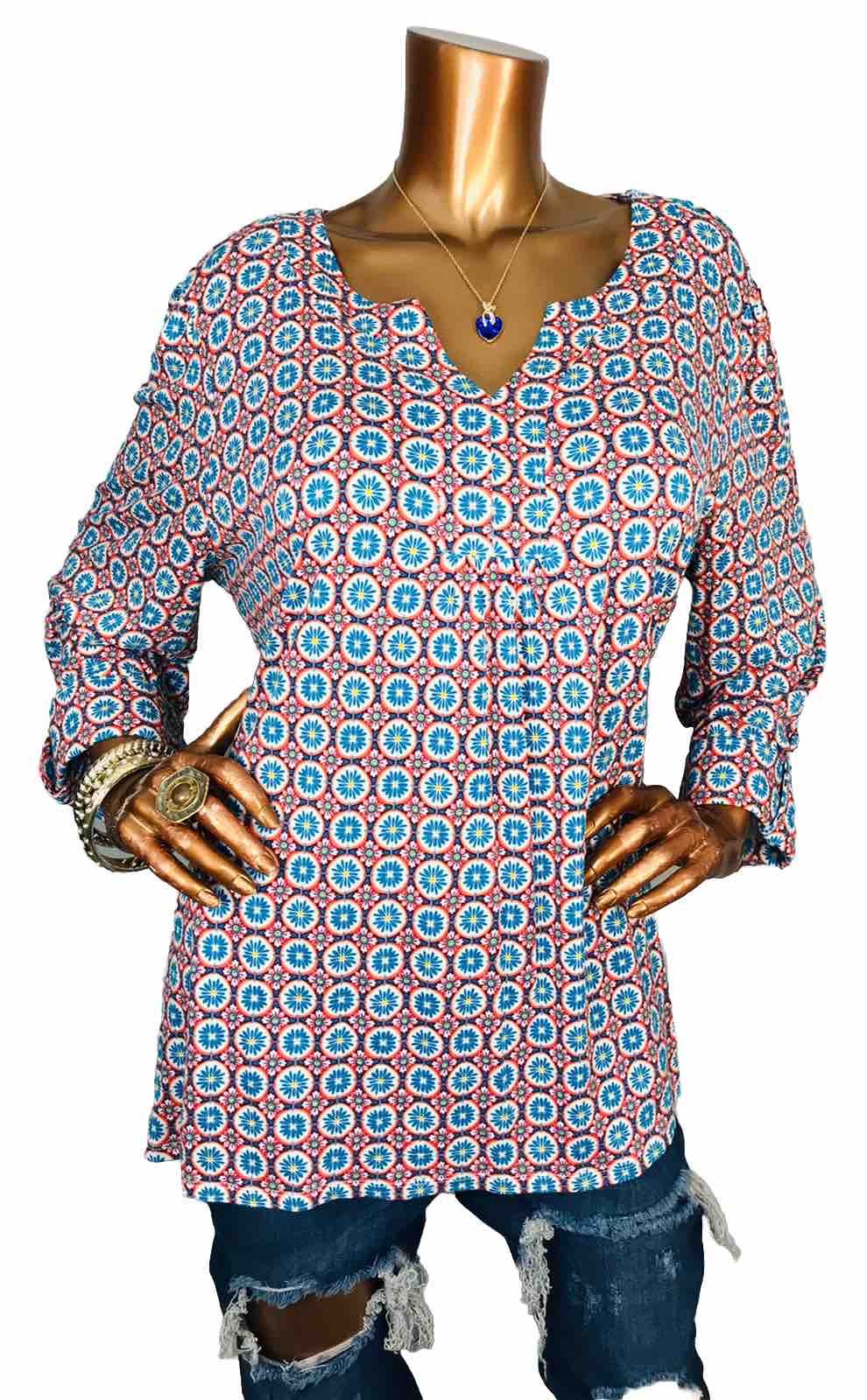 Ruby Rd. 1X Plus Top NWT $58 Stretch Low Cut Floral Geometric Prints Blouse 3/4