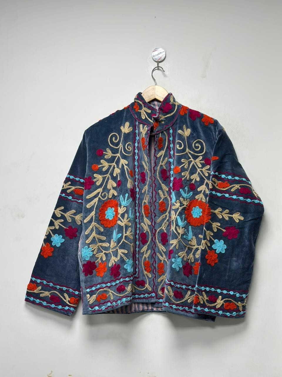 Blue Velvet Suzani Embroidered Jacket Floral Women Boho Festival Statement Coat