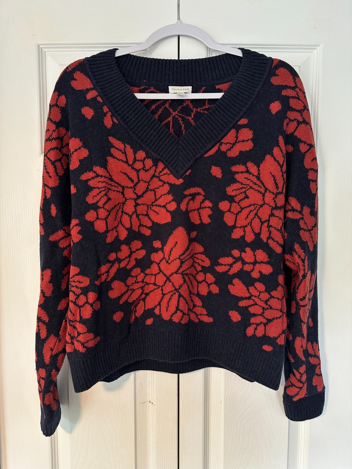 Garnet Hill Everly Jacquard Alpaca Pima Cotton Sweater Floral V Neck Womens XS
