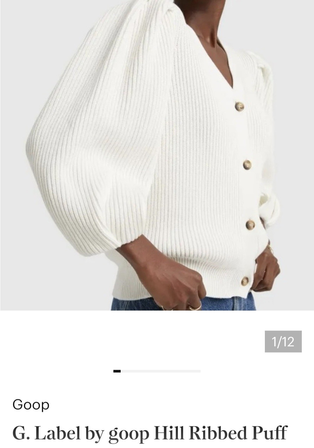 G. Label by goop Beige Ribbed Puff Sleeve Button Front Merino Wool Cardigan M