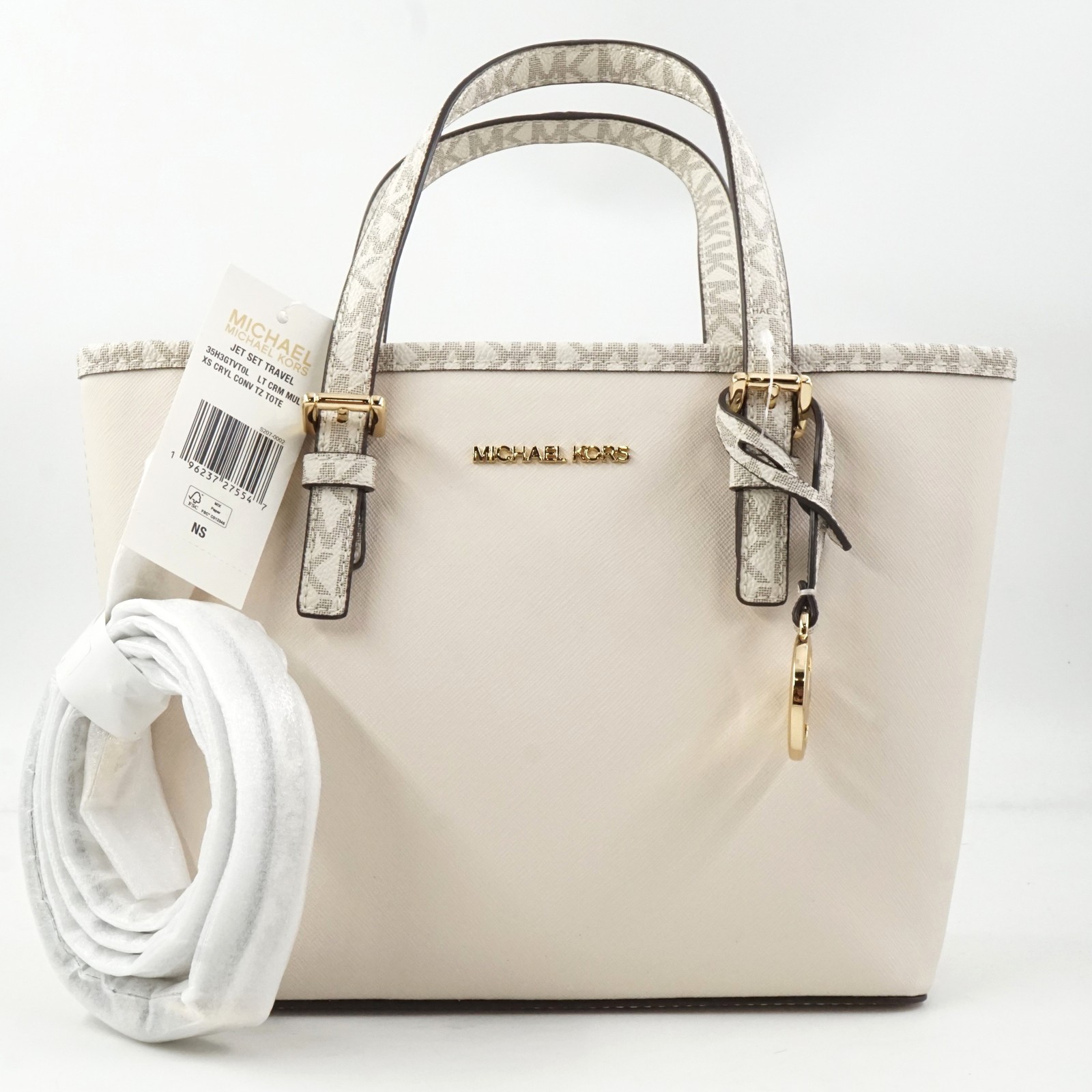 Michael Kors Jet Set Travel Top-Zip XS Tote Bag In Light Cream Coated Canvas
