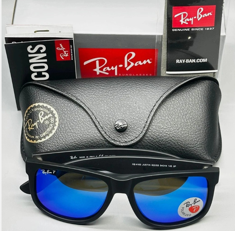 Ray-Ban Justin RB4165 622/55 Rubber Black Blue Mirror Polarized Sunglasses 54 mm