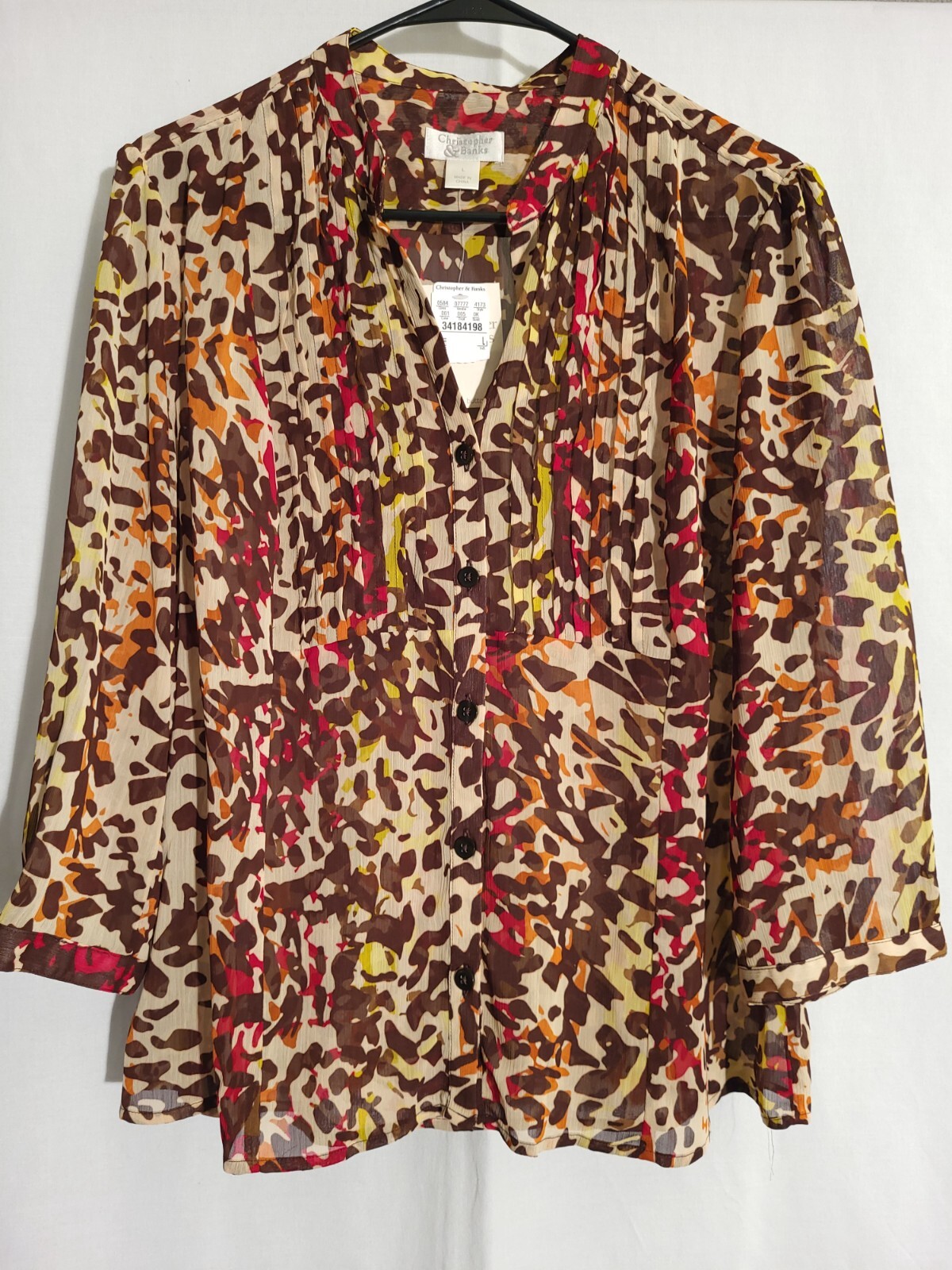 CJ Banks-NWT-Brown Tan Orange Red Animal Semi-Sheer Button Top Blouse-LARGE