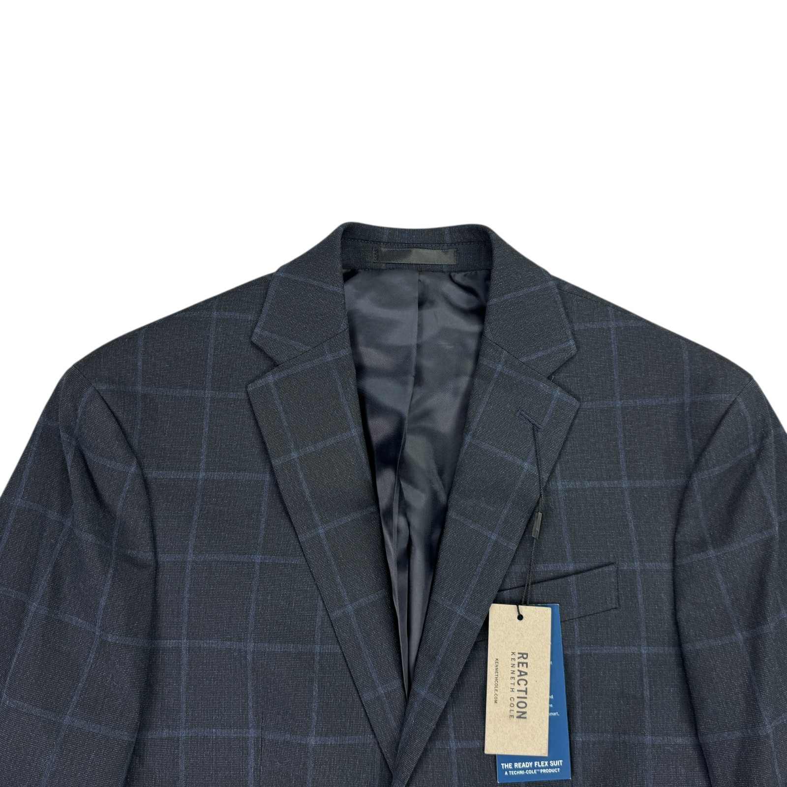 Kenneth Cole Mens 2-Piece Slim Fit Ready Flex Windowpane Suit Dark Blue 36S 29W