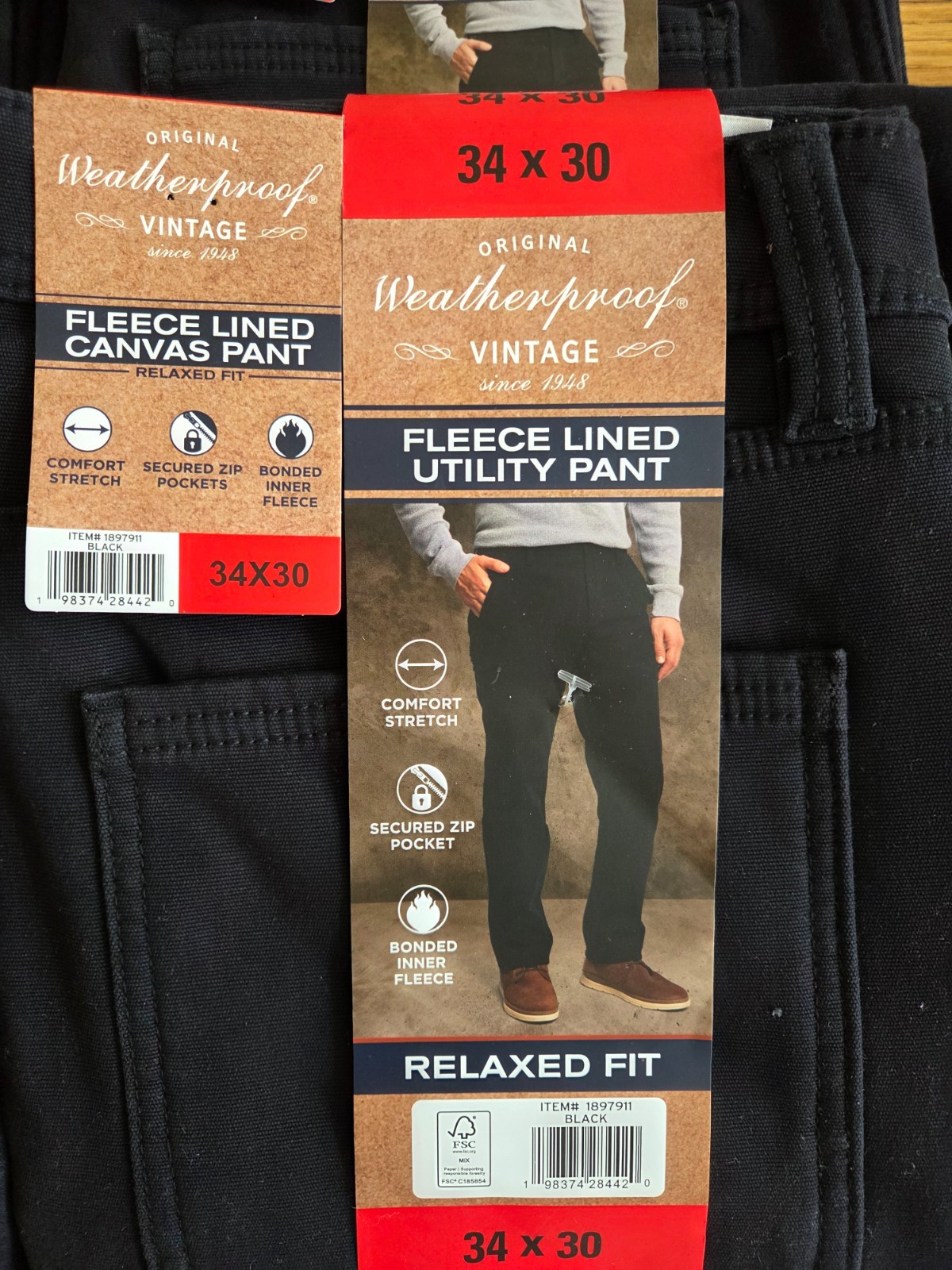 Weatherproof Vintage Men’s Black Fleece Lined Pants size 34×29 34×30 36×29 38×29