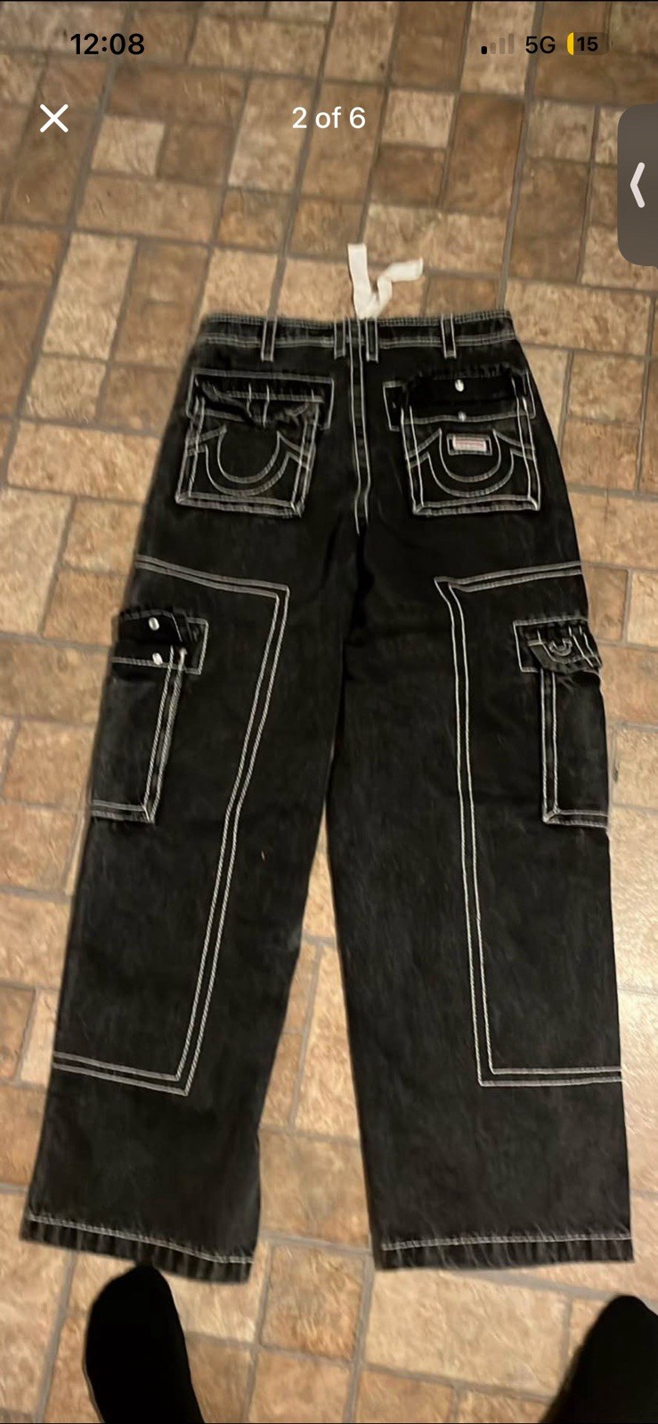 True Religion Baggy T Black Cargo Jeans Contrast Stitching