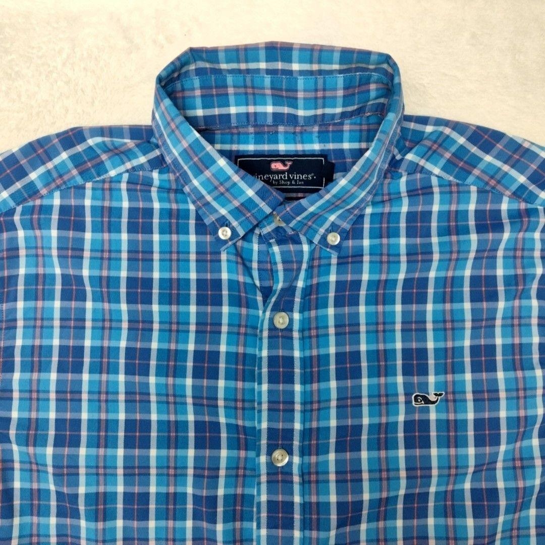 Vineyard Vines Shirt Mens M Blue Plaid Button-Up Whale Shirt Nylon Polyester
