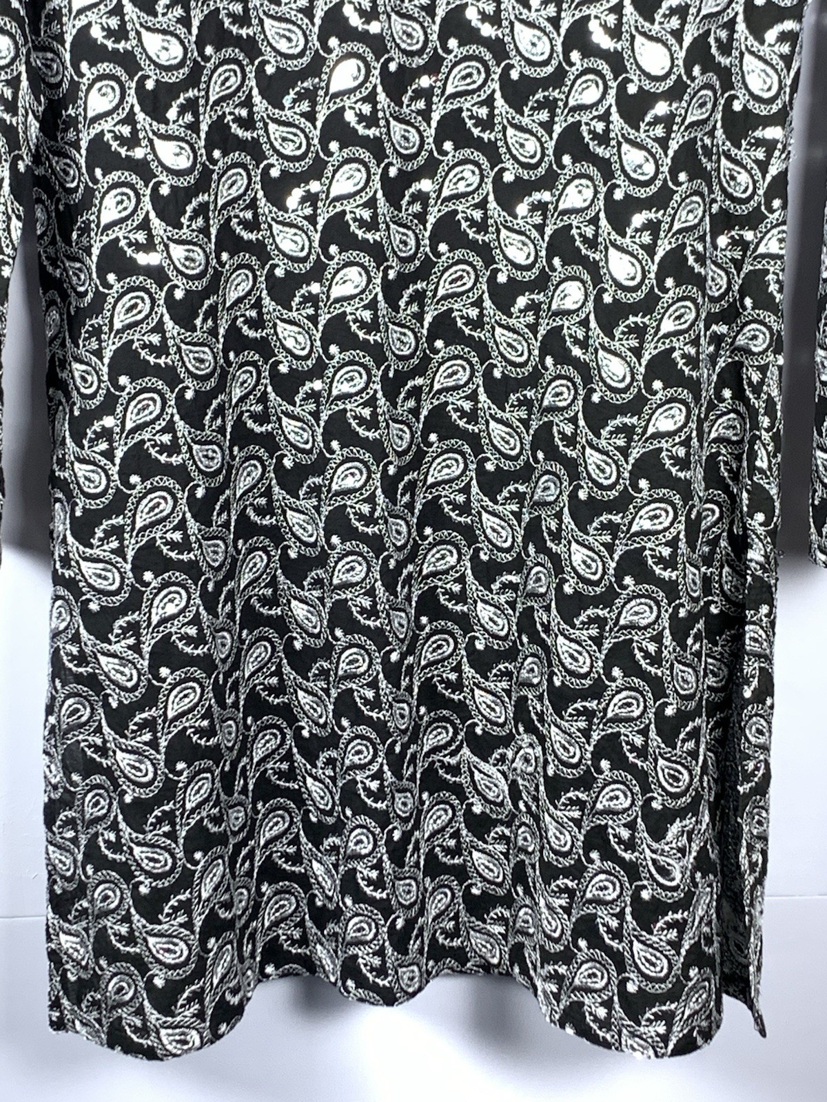 Raj India Cotton Embroidered Paisley Tunic Swim Cover Up Black White M