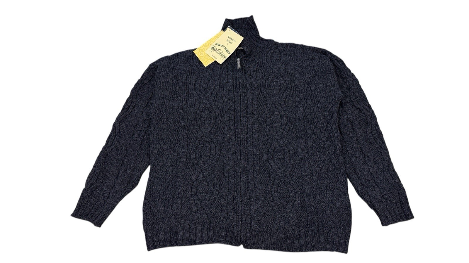Aran Crafts Merino Wool Zip Cardigan Sweater Ireland Cable Knit XL New Navy