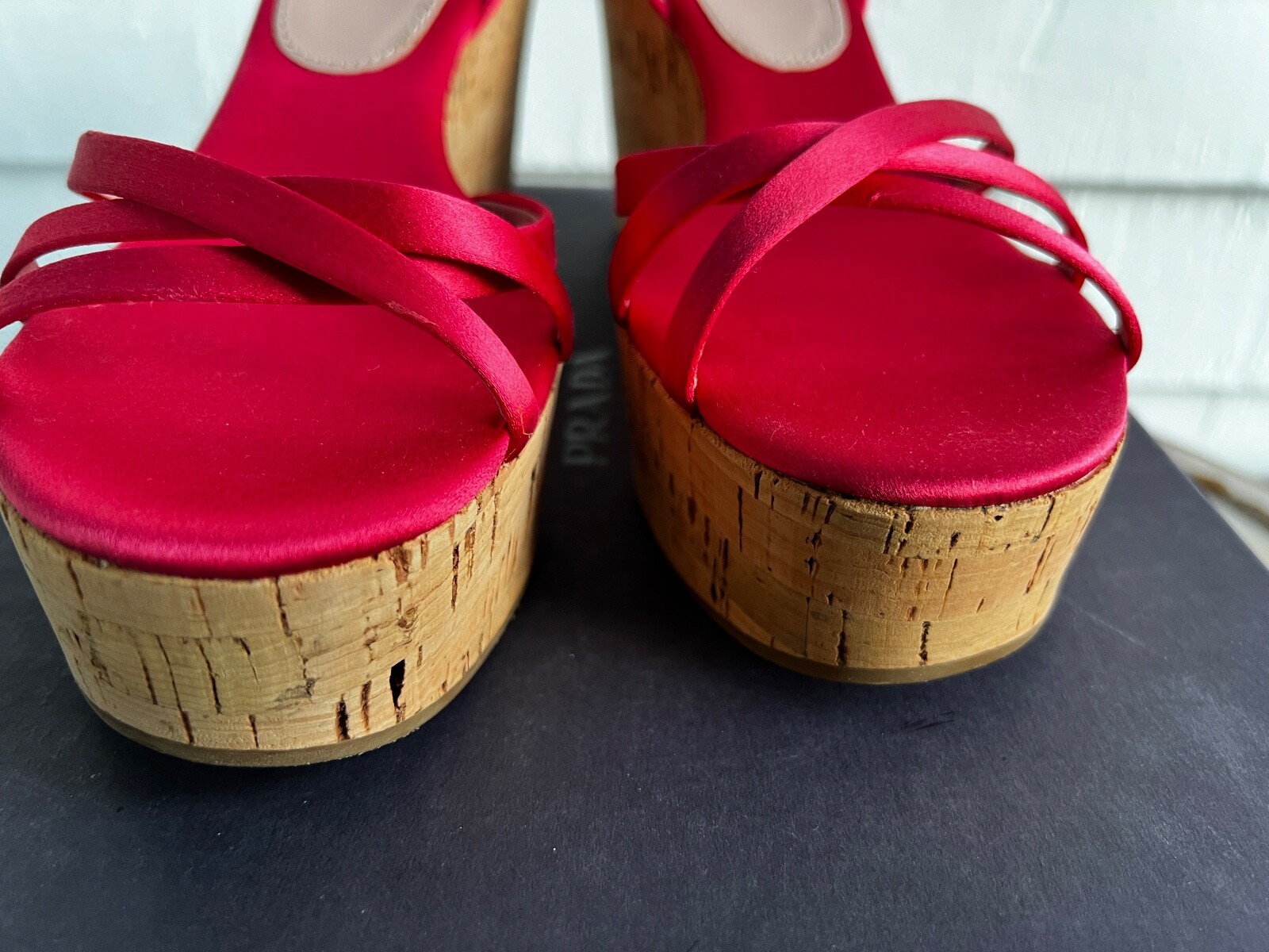 New PRADA Raso Cork Strappy Satin Platform Wedges Size 39.5 Cherry Ciliegia Red