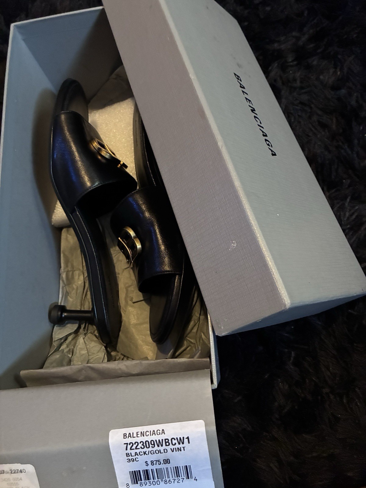 Balenciaga BB Logo Leather Slide Sandals Black/Gold Women’s US 8 New Box
