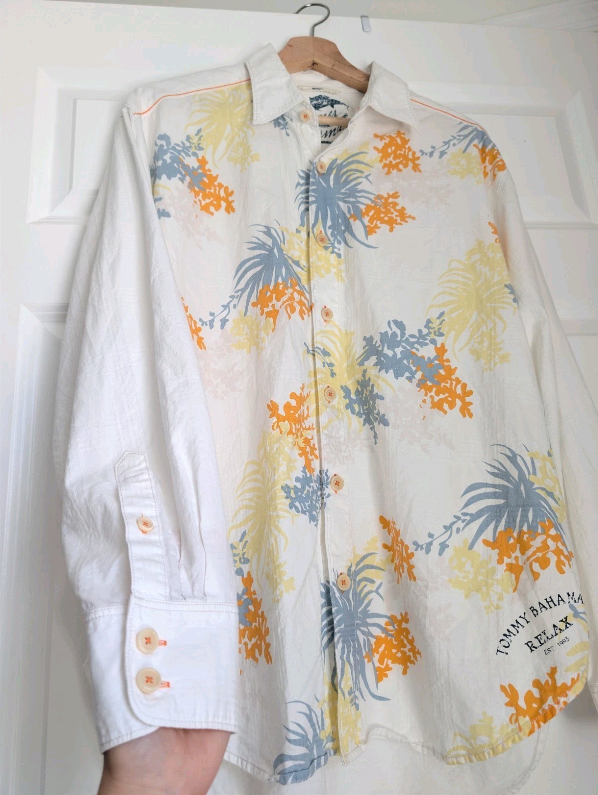 Tommy Bahama RELAX White Cotton Long Sleeve Floral Tropical Coast Print Shirt L
