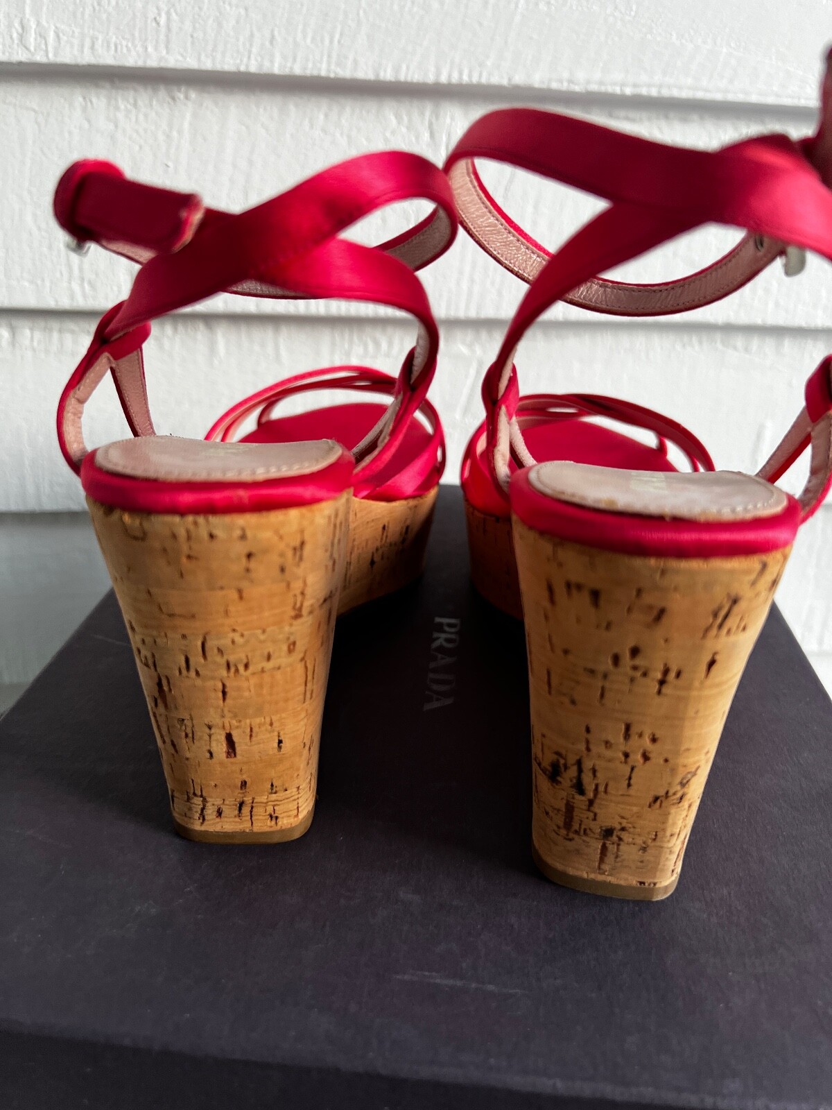New PRADA Raso Cork Strappy Satin Platform Wedges Size 39.5 Cherry Ciliegia Red
