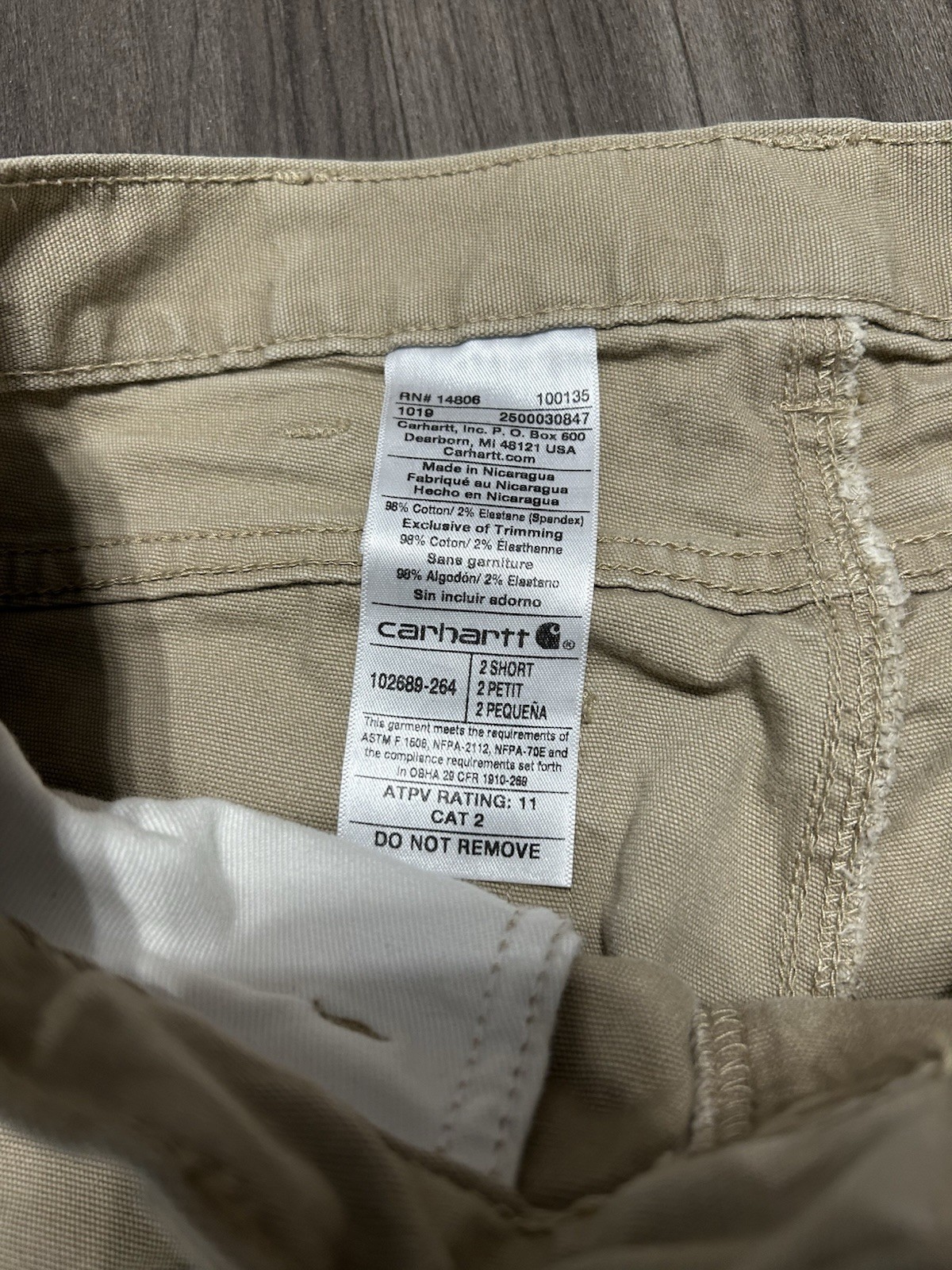 Carhartt FR Flame Resistant Work Pants Beige 2 Short 98% Cotton 2% Elastane