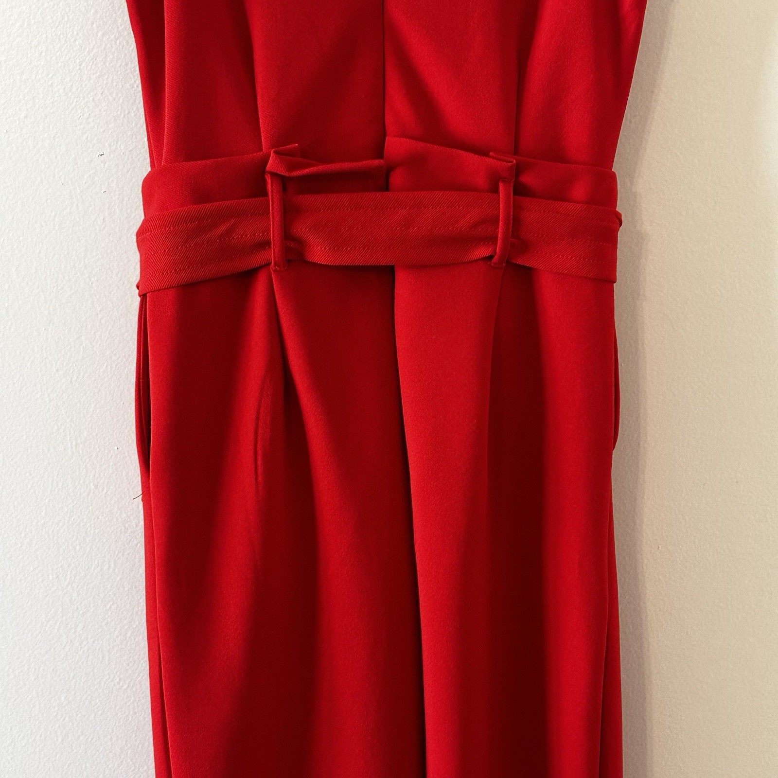 Anthropologie Red Cathy Wide Leg Jumpsuit Waist Tie Zipper Deep V Neck Small *R*