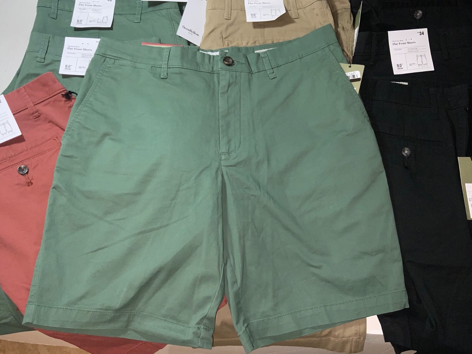 Men’s 9″ Flat Front Short Black Green Red Khaki 28 30 32 34 36 40 42 Goodfellow
