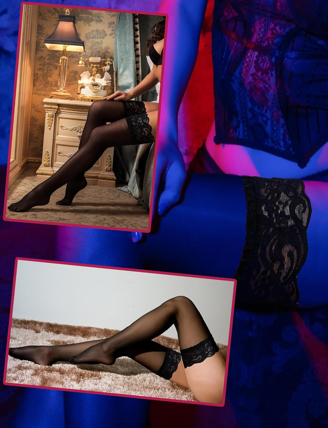 Black Thigh High Stockings for Women – Lace Top Sexy Thigh Highs Pantyhose, plus