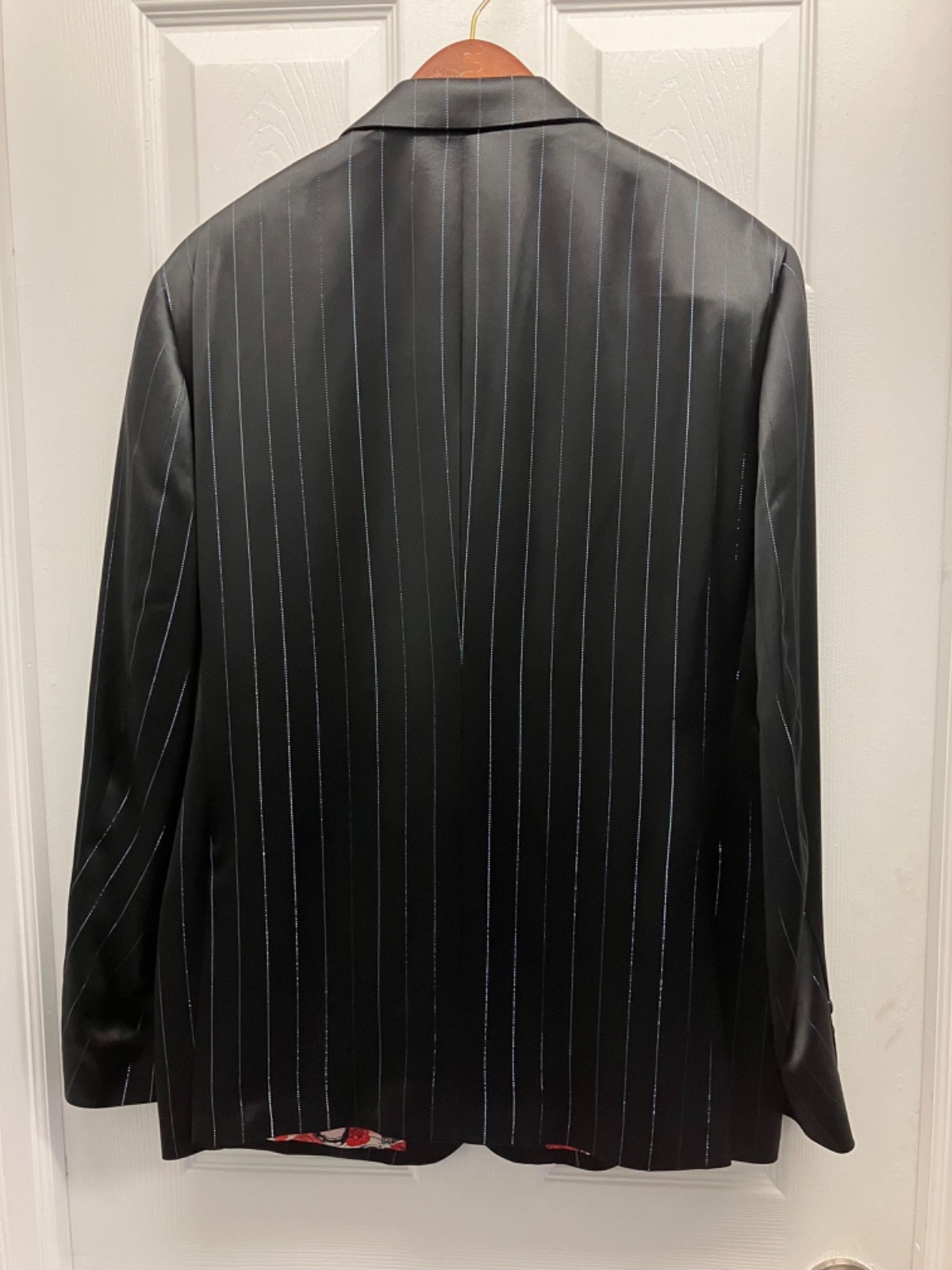 New Men’s Black Satin Tuxedo Suit with Blue Shiny Pinstripes