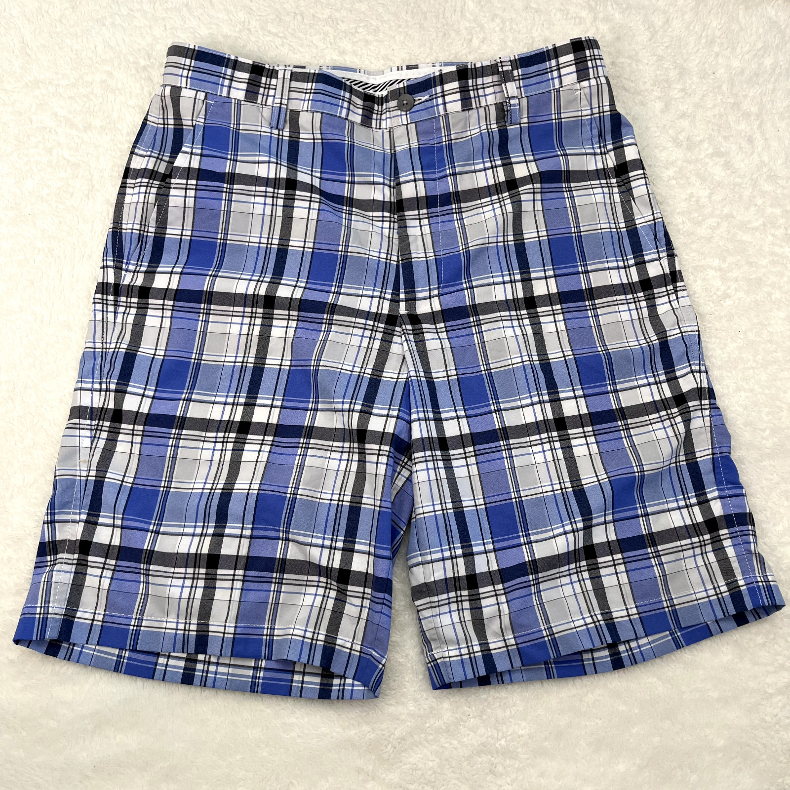 Footjoy Mens Shorts 32 Blue Black Plaid Golf Chino Flat Front Nylon Polyester