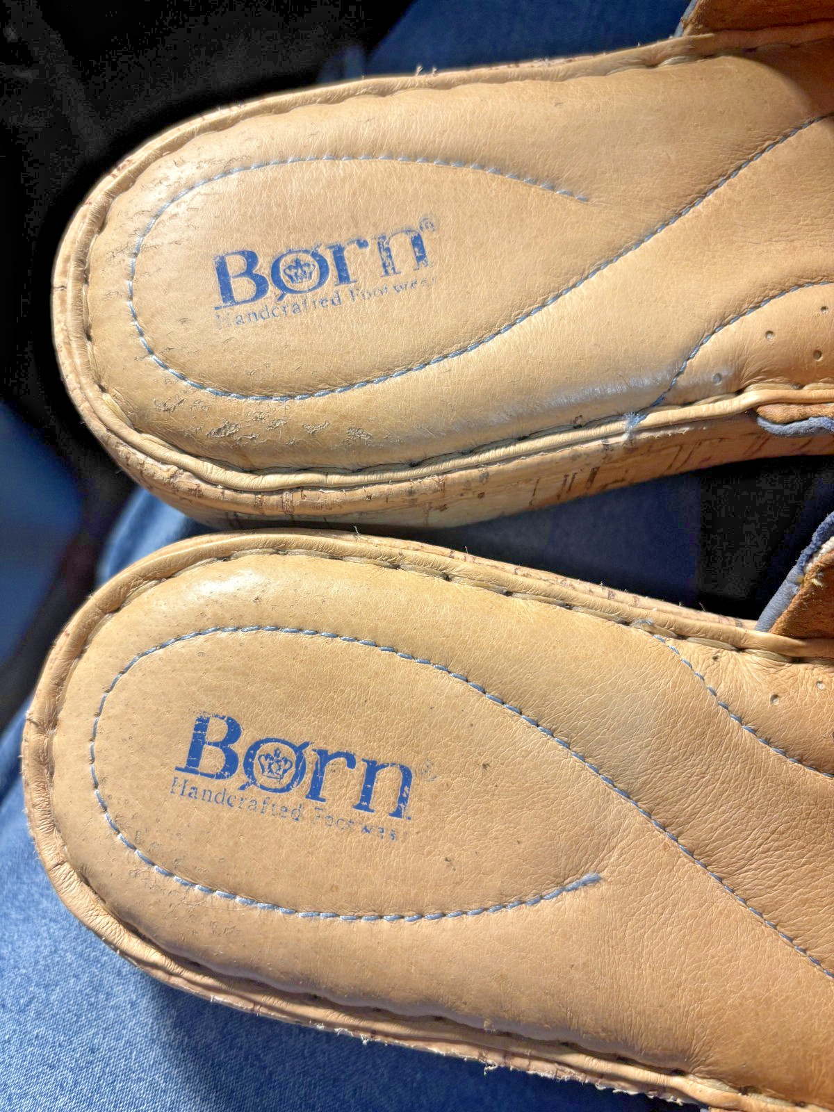Born Fishlake Embossed Blue Leather Slide Sandals Cork Wedge Size 9