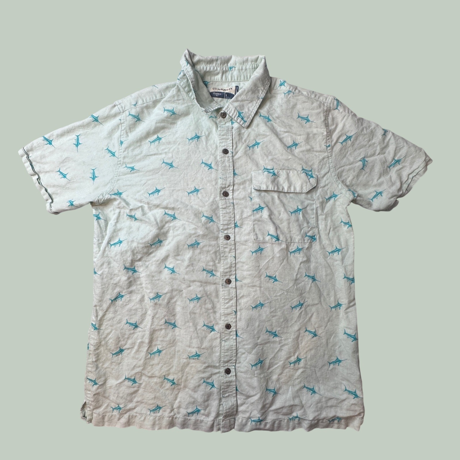 Magellan Shirt Mens L Green Marlin Fish Classic Fit Button Up Linen Fishing