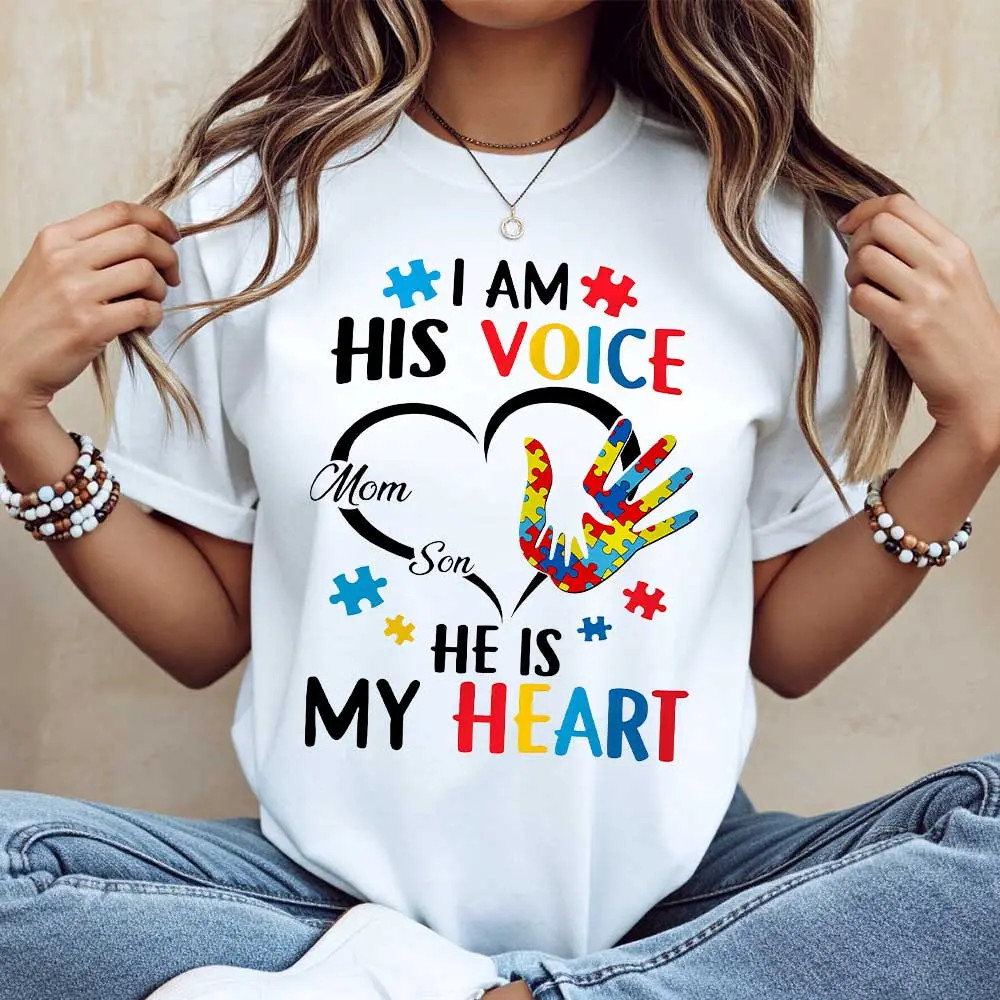 Autism Puzzle Handprint I Am His Voice He Is My Heart Mom Son T-Shirt