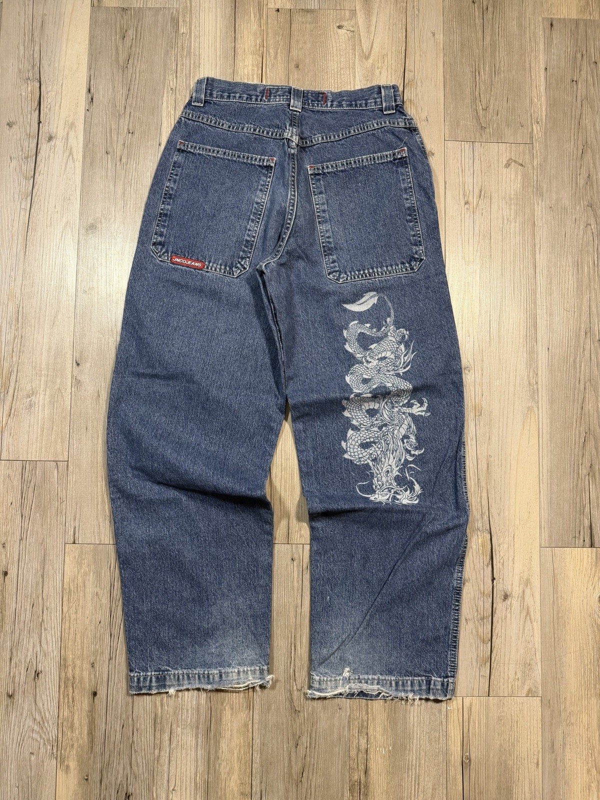 JNCO Men’s Blue Medium Wash Wide-Leg Denim Jeans Relaxed Fit Dragon Print
