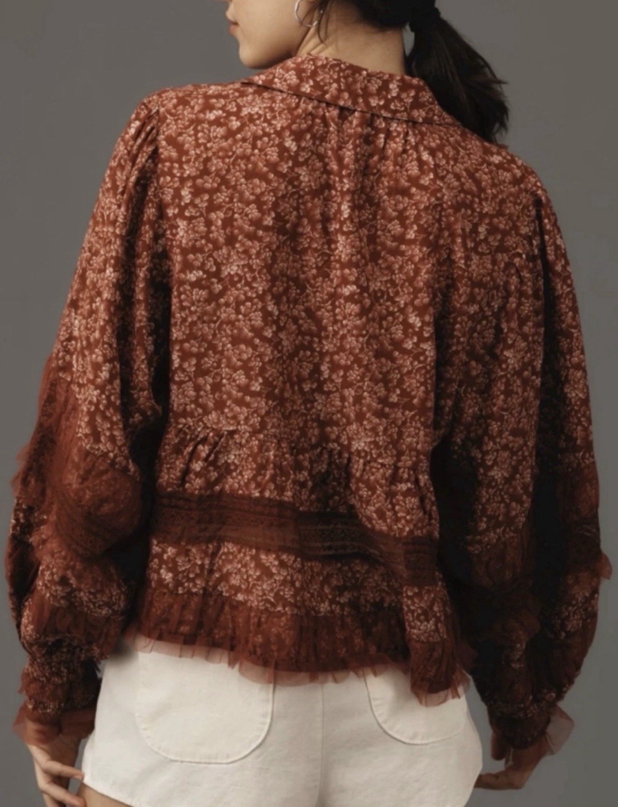 Anthropologie Ruffled V-Neck Popover Blouse Terracotta Red Motif Med OB1866645