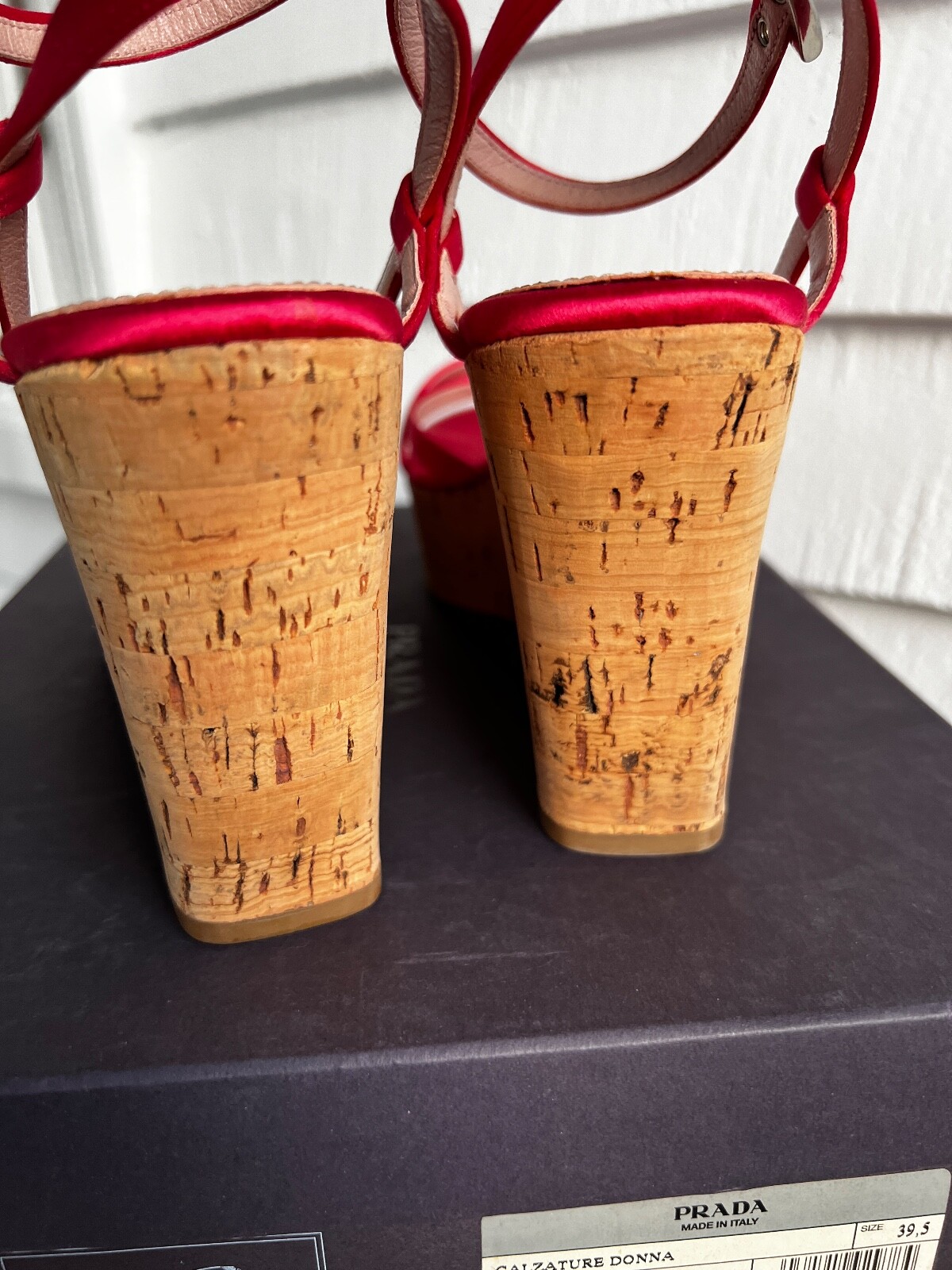 New PRADA Raso Cork Strappy Satin Platform Wedges Size 39.5 Cherry Ciliegia Red